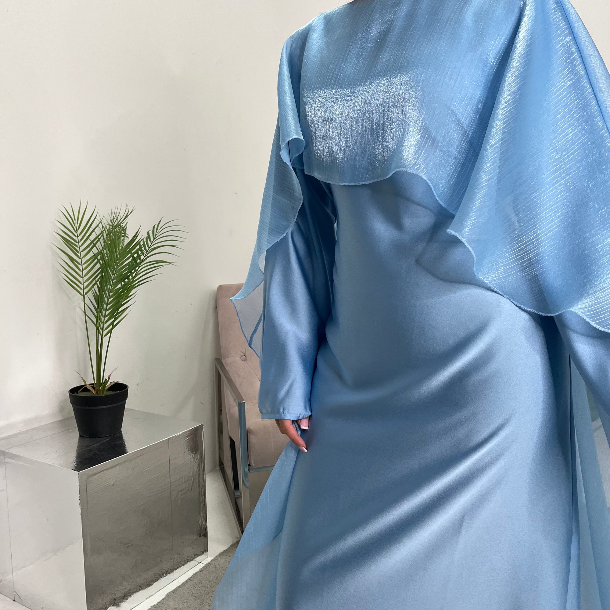 Miranda Sky Blue Two Piece Satin Dress With Mesh Cape