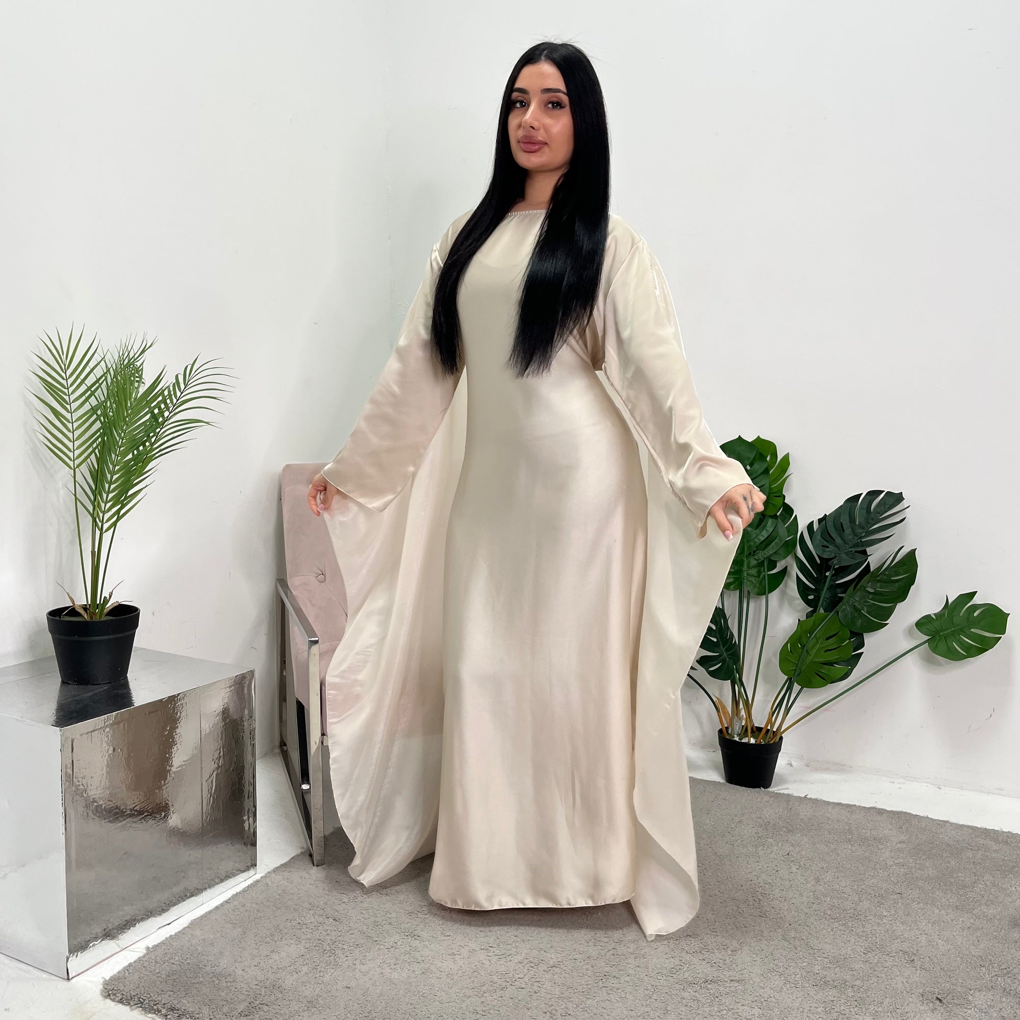 Aisha Beige Mesh Cape Satin Tie Back Modest Dress House Of Haniya Aisha Beige Mesh Cape Satin Tie Back Modest Dress House Of Haniya
