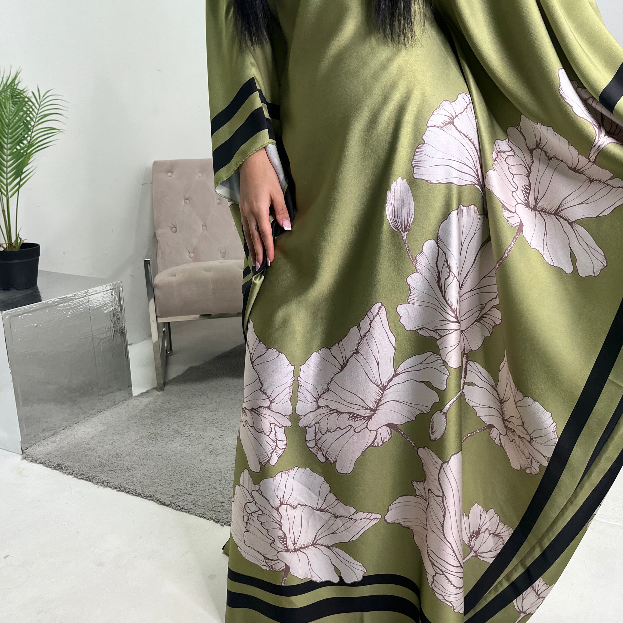 Liah Lime Green Printed Floral Satin Kaftan Dress House Of Haniya Liah Lime Green Printed Floral Satin Kaftan Dress House Of Haniya