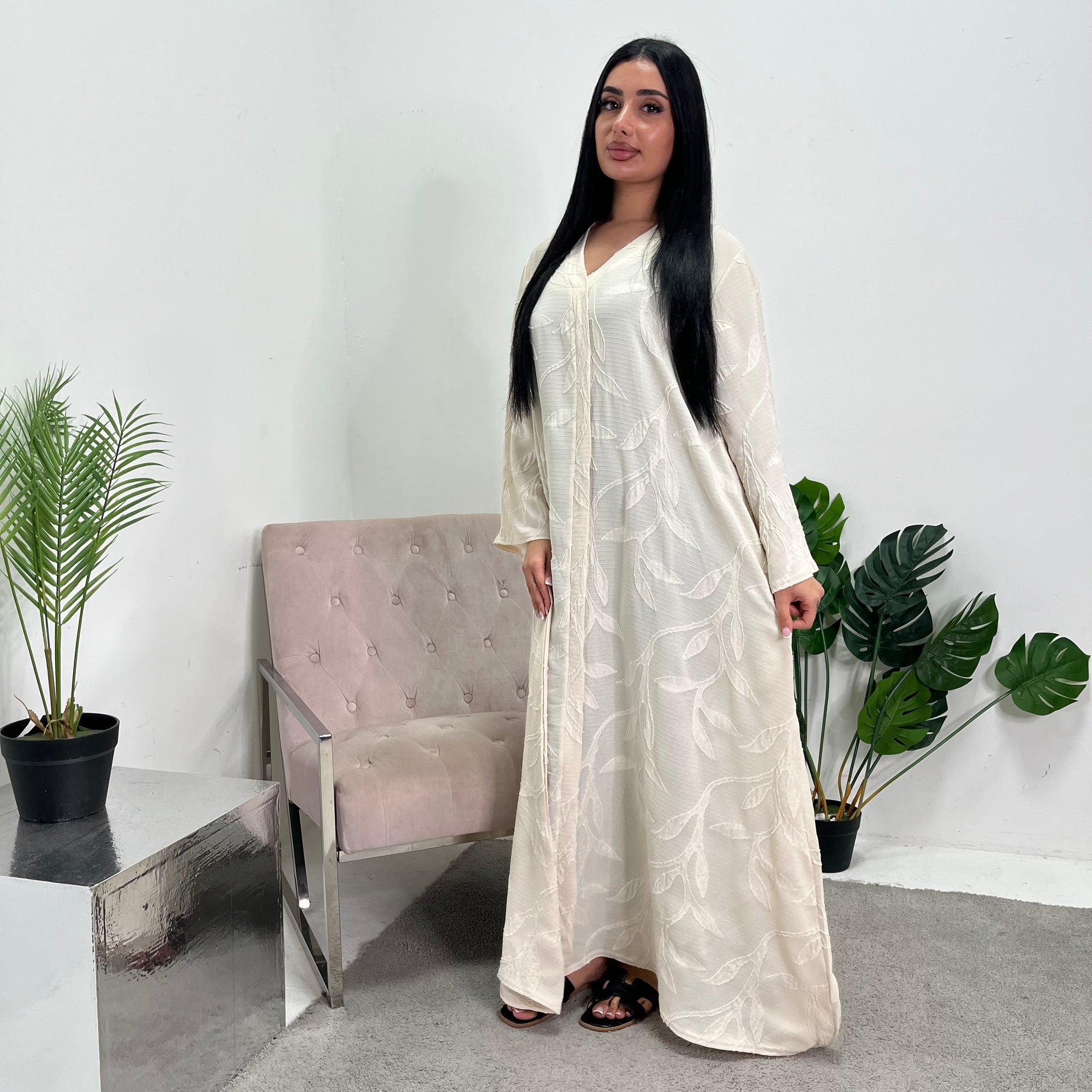cream abaya dress Introducing our cream abaya with matching moon hijab. The abaya is crafted from high-quality crepe and does not wrinkle easily. fabric our crepe cream abaya is ideal for everyday wear as it's