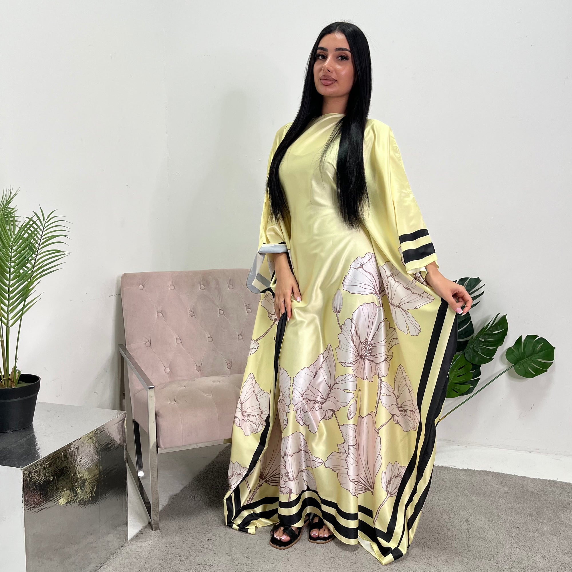Liah Yellow Printed Floral Satin Kaftan Dress – House Of Haniya