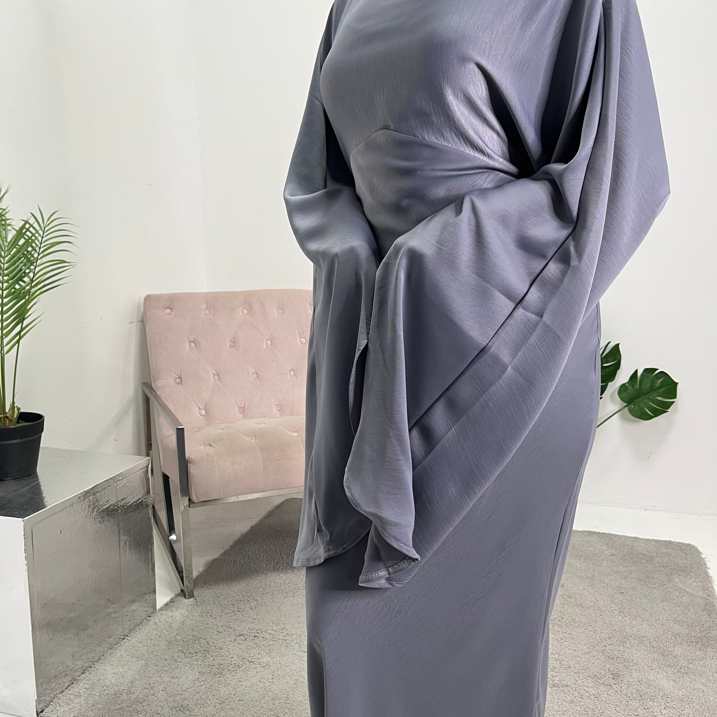 Una Grey Satin Tie Back Frill Sleeve Modest Dress – House Of Haniya