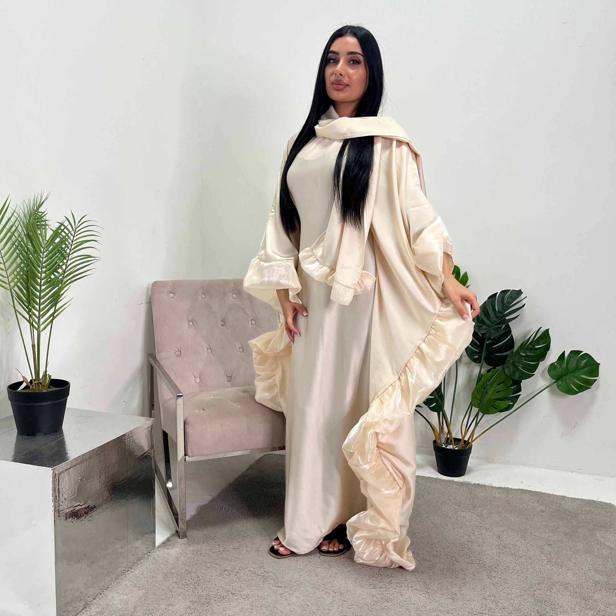 Najma Cream Modest Drape Kaftan Dress With Scarf – House Of Haniya