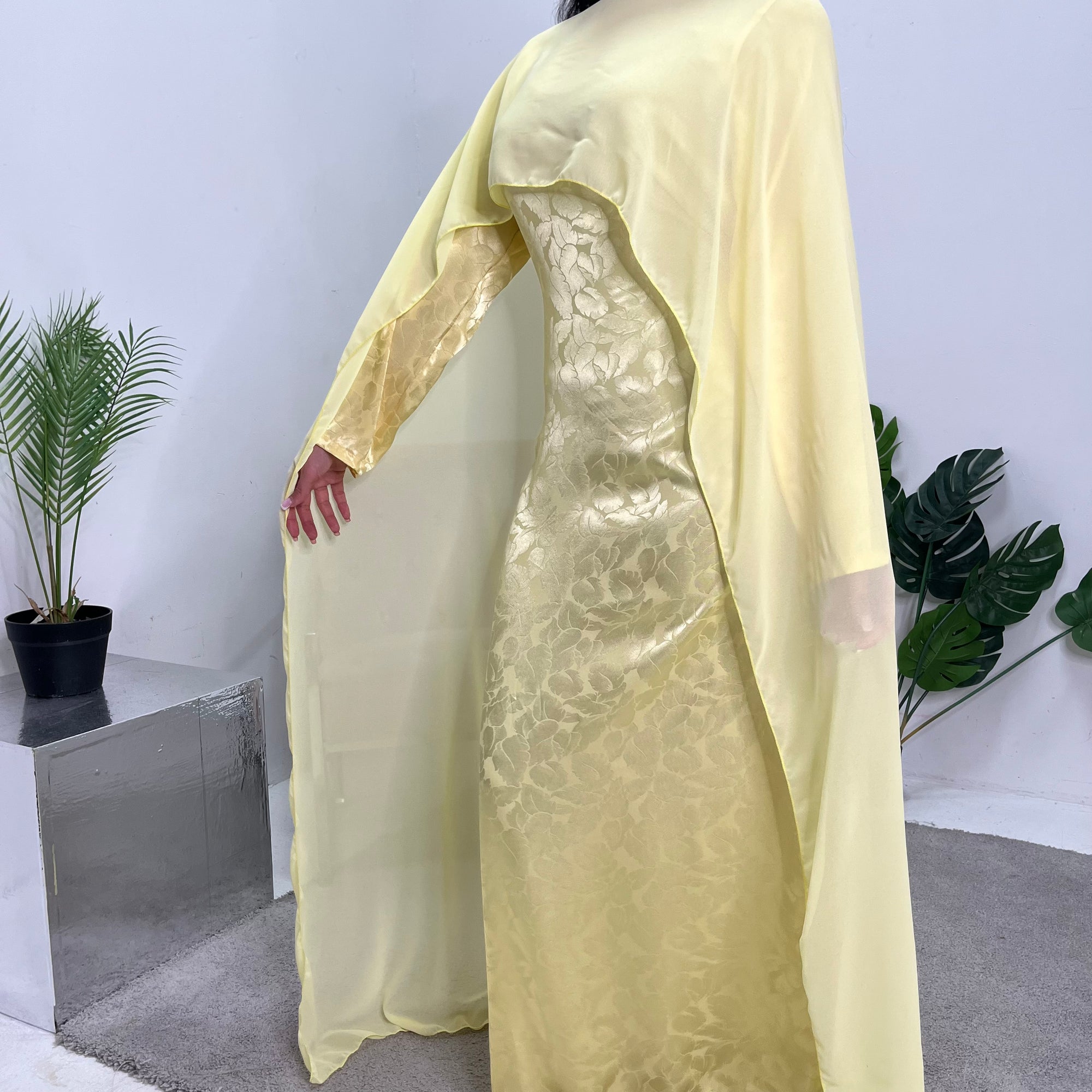 Fatima Yellow Leaf Print Modest Dress With Scarf Drape House Of Haniya Fatima Yellow Leaf Print Modest Dress With Scarf Drape House Of Haniya