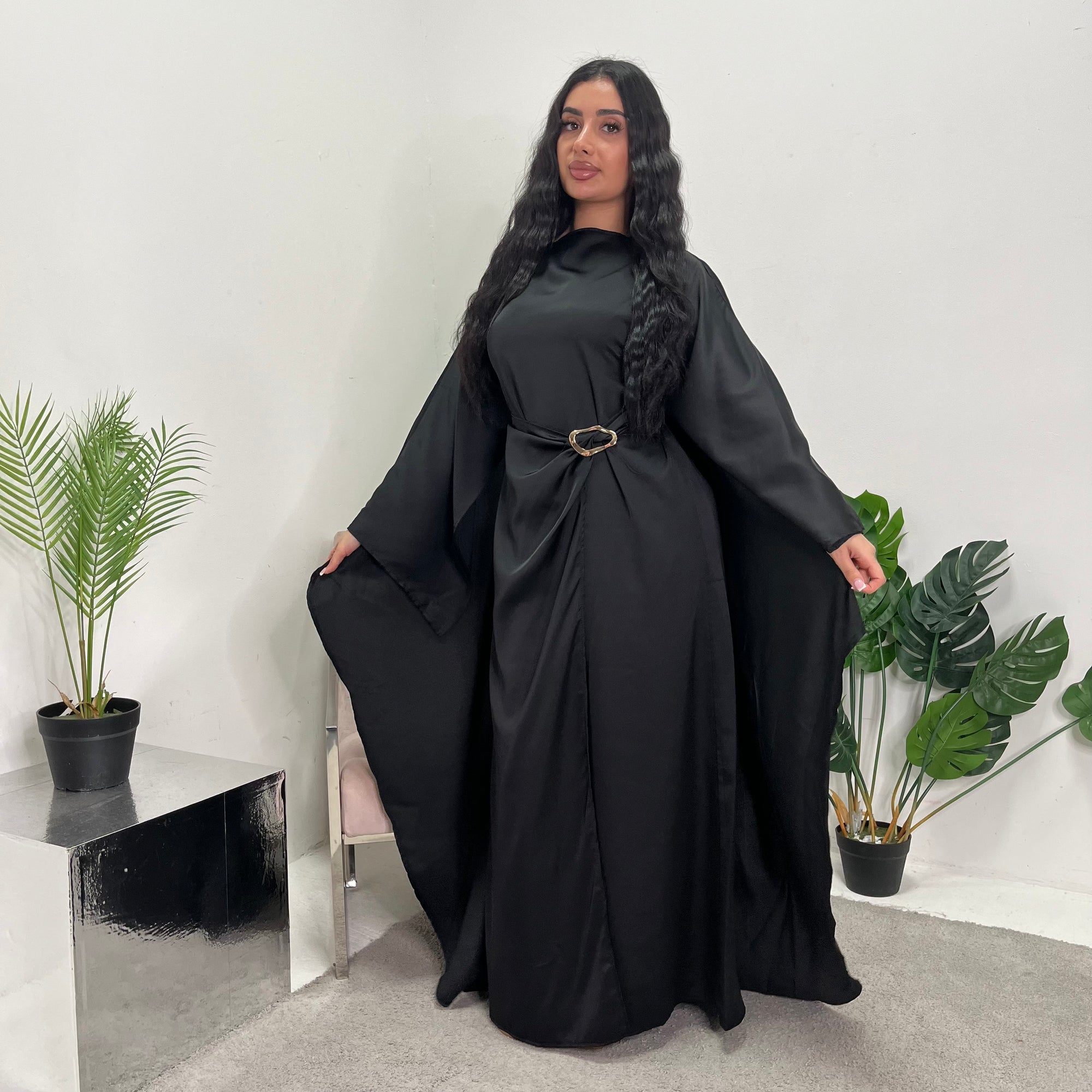Rania Black Modest Kaftan Dress With Gold Buckle House Of Haniya Rania Black Modest Kaftan Dress With Gold Buckle House Of Haniya