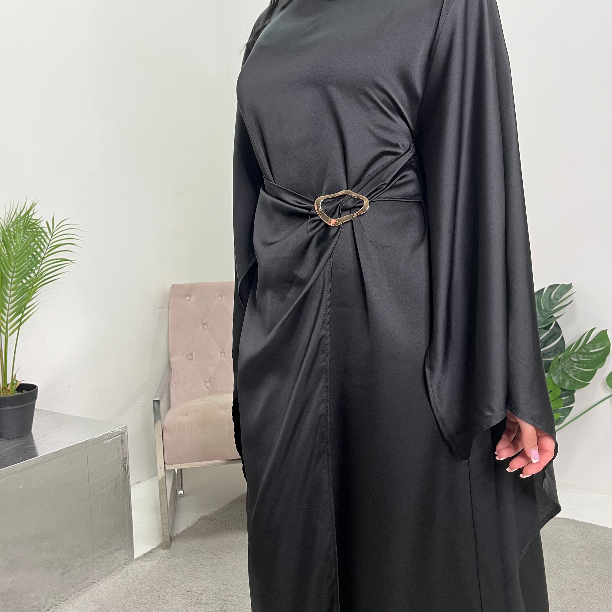 Rania Black Modest Kaftan Dress With Gold Buckle House Of Haniya Rania Black Modest Kaftan Dress With Gold Buckle House Of Haniya