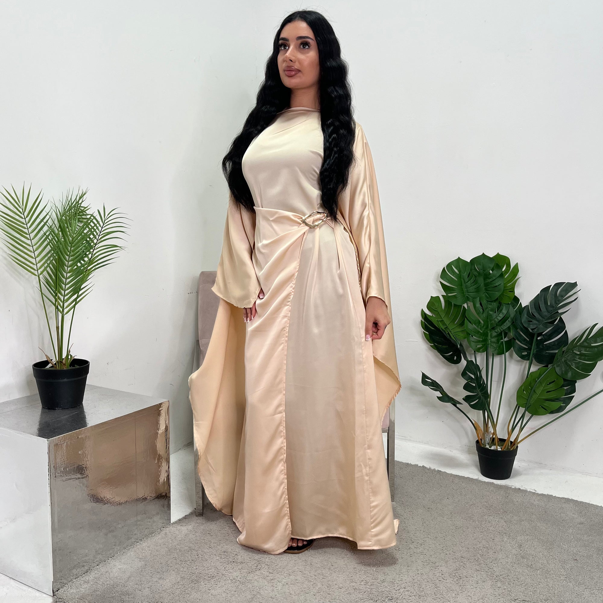 Rania Beige Modest Kaftan Dress With Gold Buckle House Of Haniya Rania Beige Modest Kaftan Dress With Gold Buckle House Of Haniya