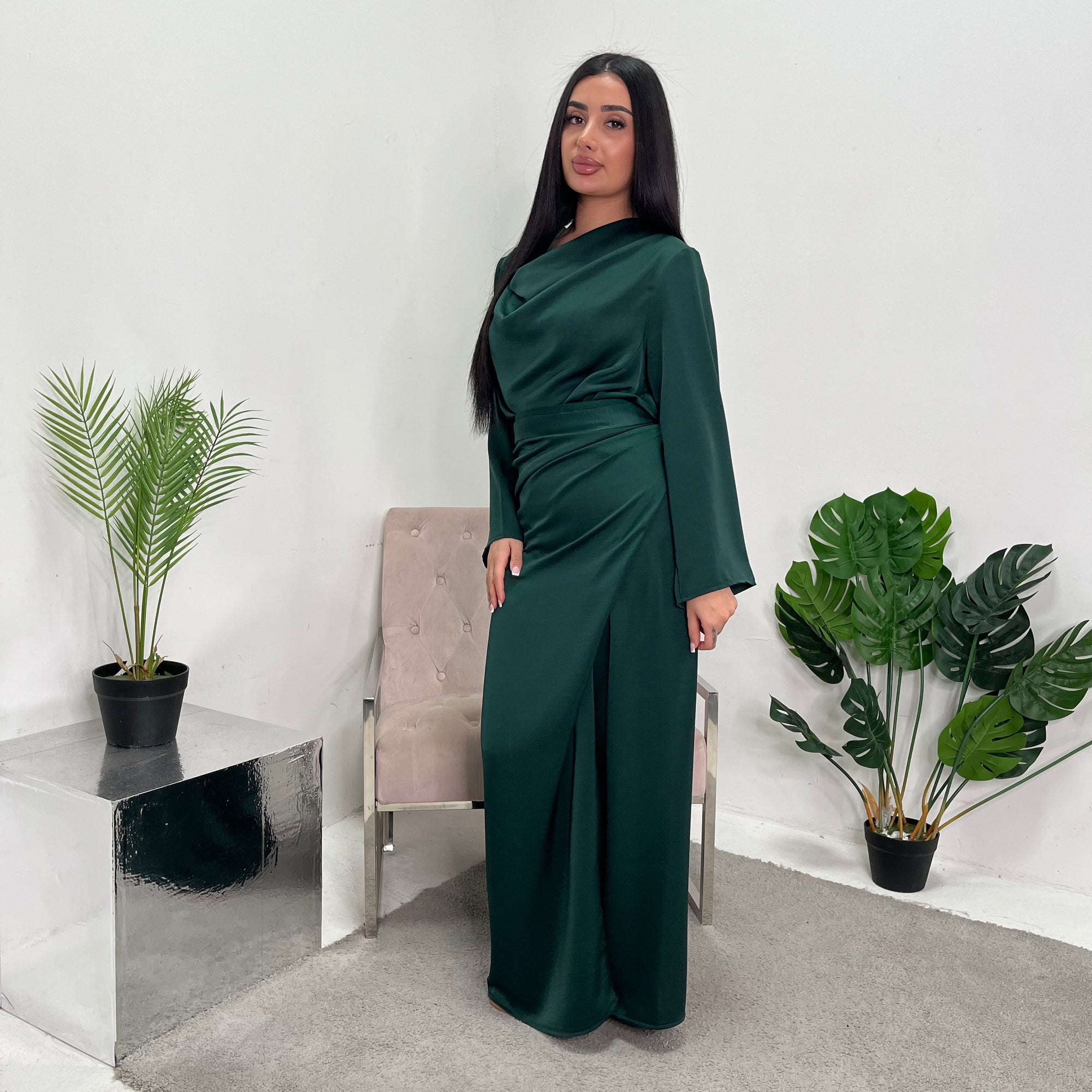 Asma Emerald Green Satin Co-ord Set Wrap Around Skirt And Top