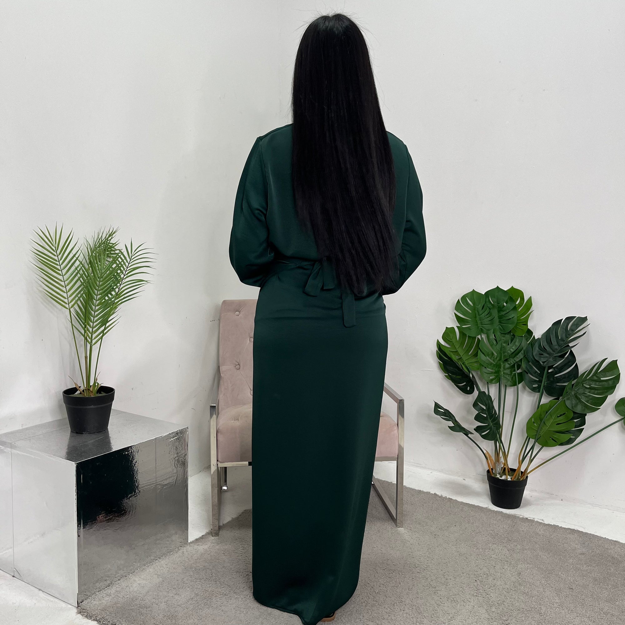 Asma Emerald Green Satin Co-ord Set Wrap Around Skirt And Top