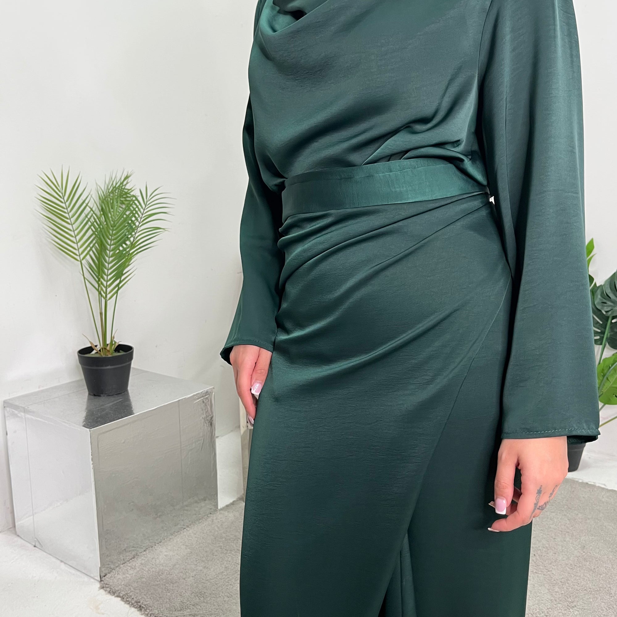 Asma Emerald Green Satin Co-ord Set Wrap Around Skirt And Top