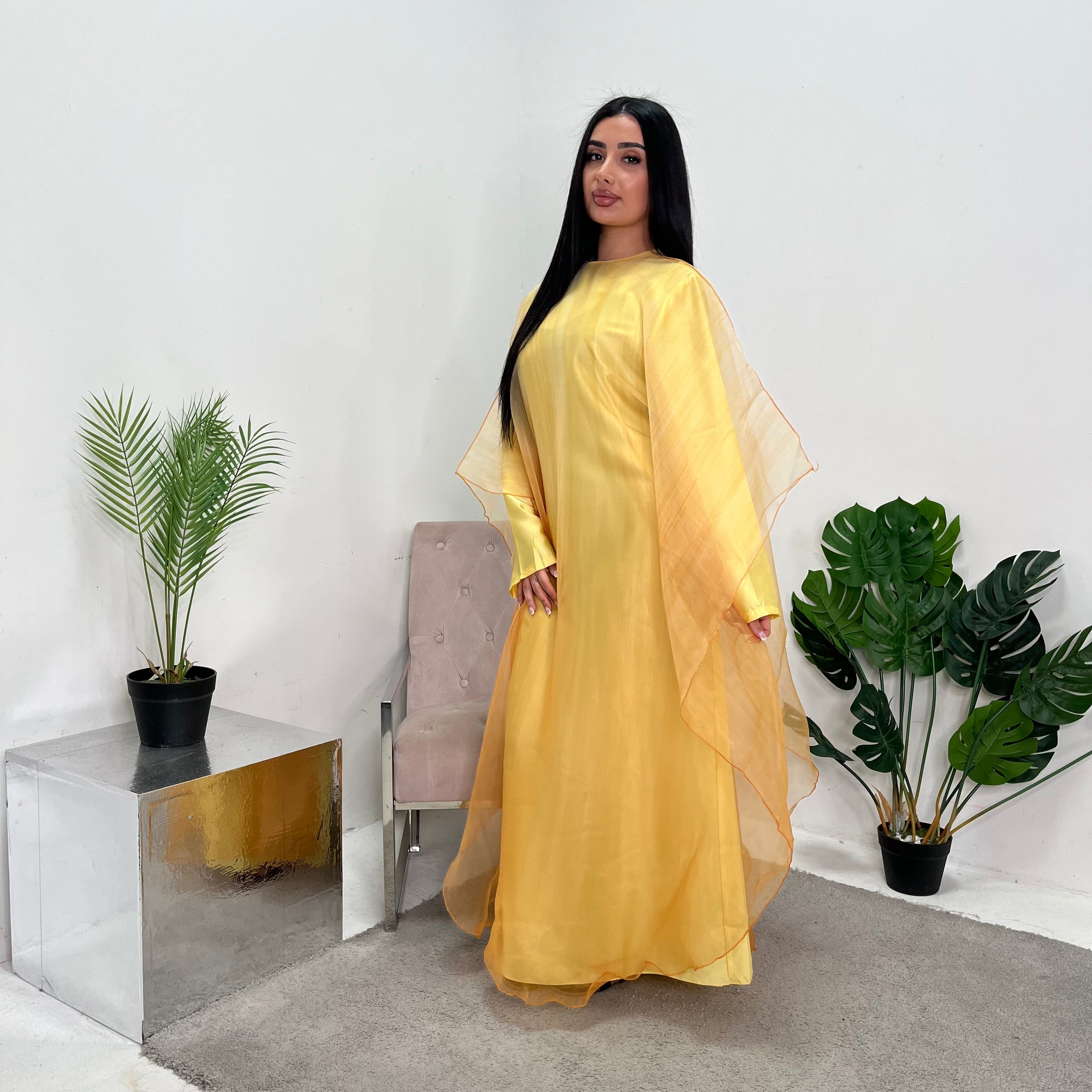 modest yellow dress Amina Yellow Printed Mesh Overlay Modest Tie Dress – House Of Haniya