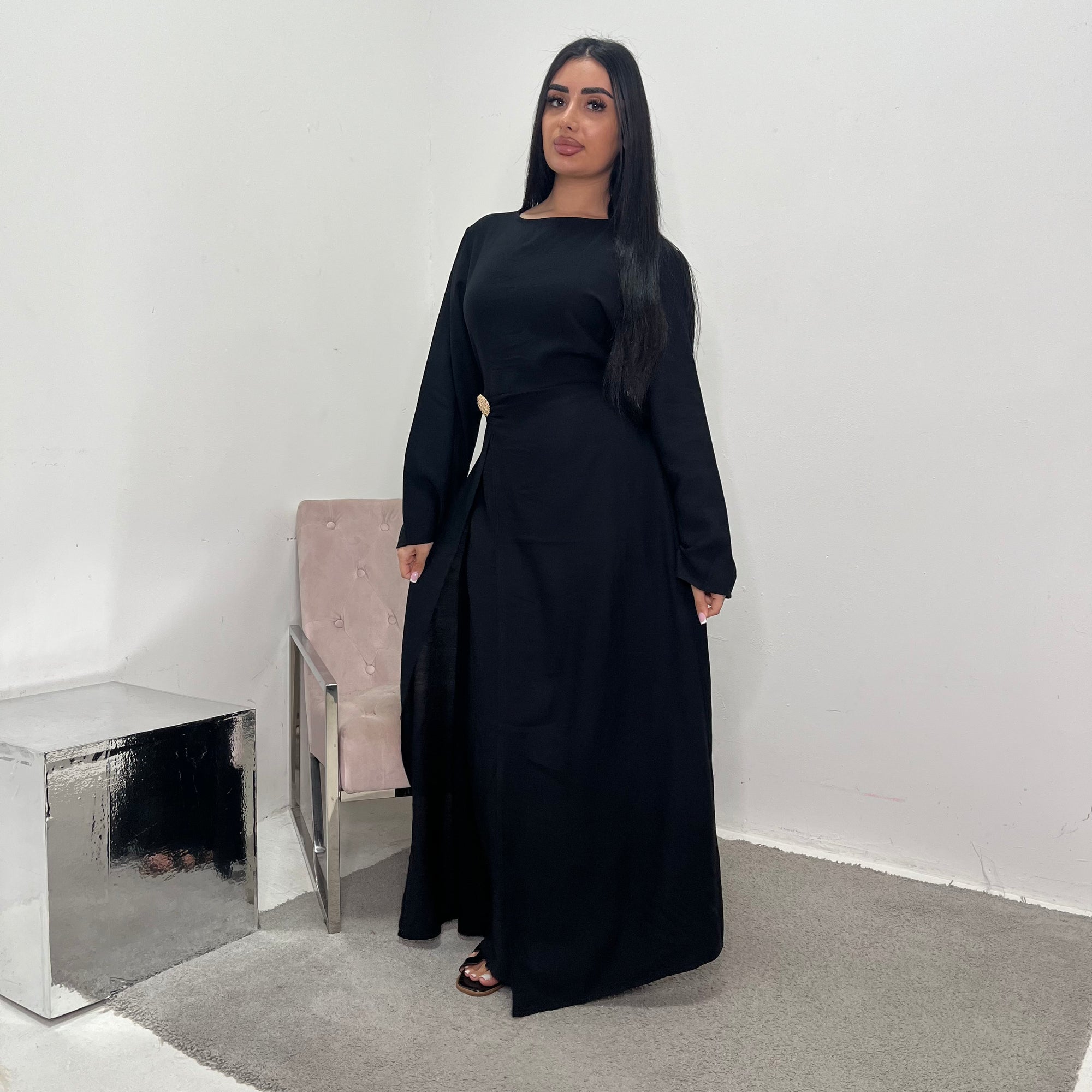 Alya Black Summer Modest Dress with Tie Back and Gold Buckle House Of Haniya Alya Black Summer Modest Dress with Tie Back and Gold Buckle House Of Haniya