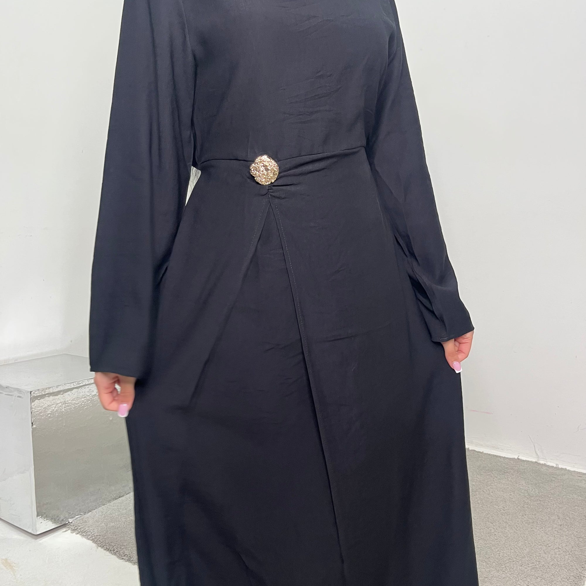 Alya Black Summer Modest Dress with Tie Back and Gold Buckle House Of Haniya Alya Black Summer Modest Dress with Tie Back and Gold Buckle House Of Haniya