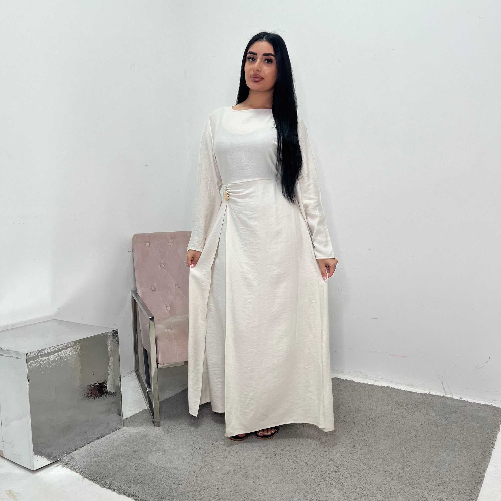 Alya Cream Summer Modest Dress with Tie Back and Gold Buckle House Of Haniya Alya Cream Summer Modest Dress with Tie Back and Gold Buckle House Of Haniya