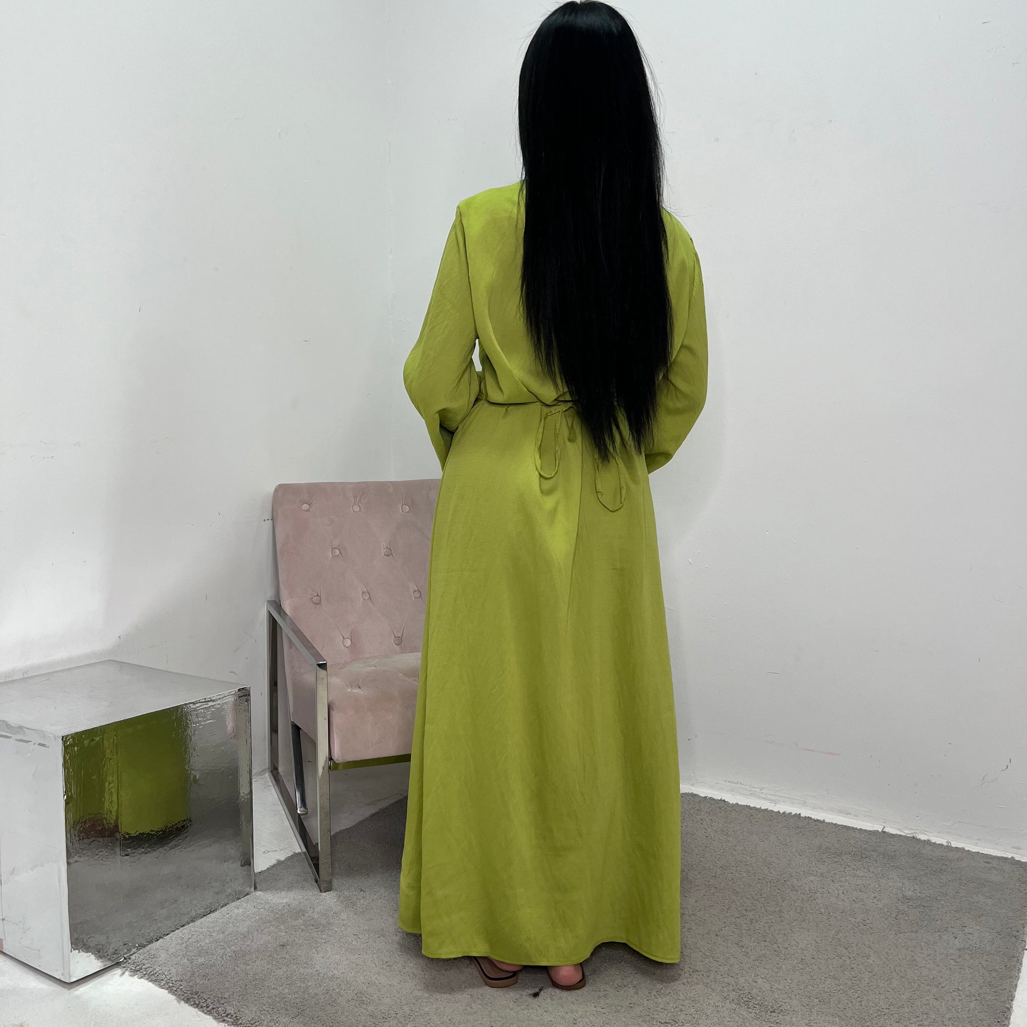 Nyla Lime Green Linen Twist Modest Dress With Front Knot House Of Haniya Nyla Lime Green Linen Twist Modest Dress With Front Knot House Of Haniya