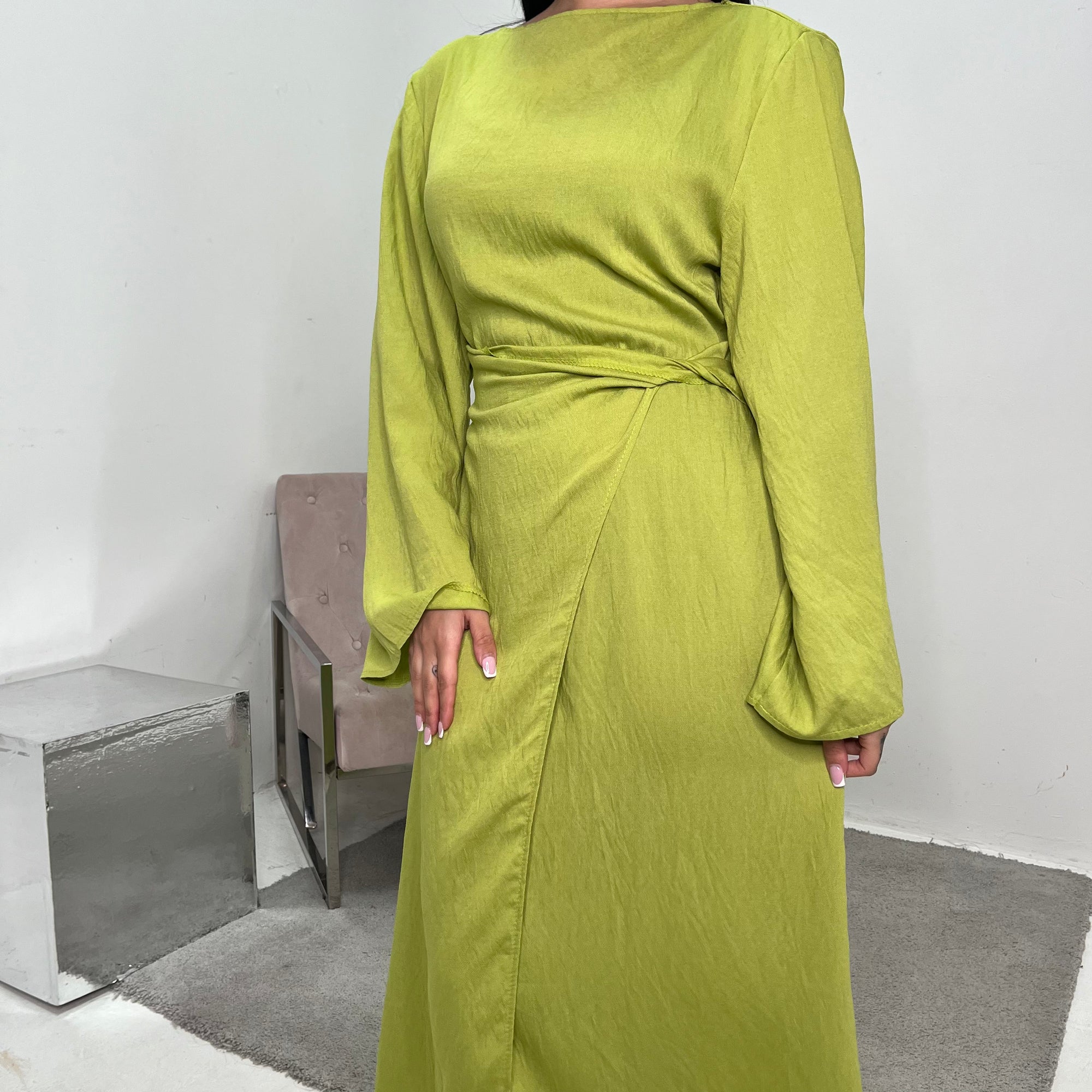 Nyla Lime Green Linen Twist Modest Dress With Front Knot House Of Haniya Nyla Lime Green Linen Twist Modest Dress With Front Knot House Of Haniya