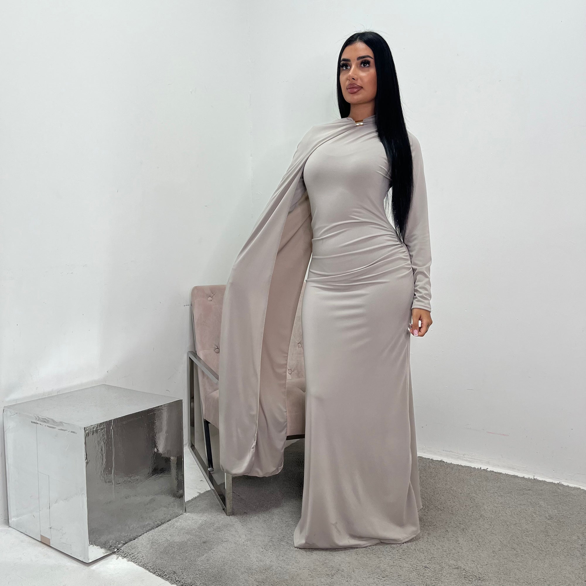 Dilay Mocha Modest Drape Detail Gold Buckle Dress