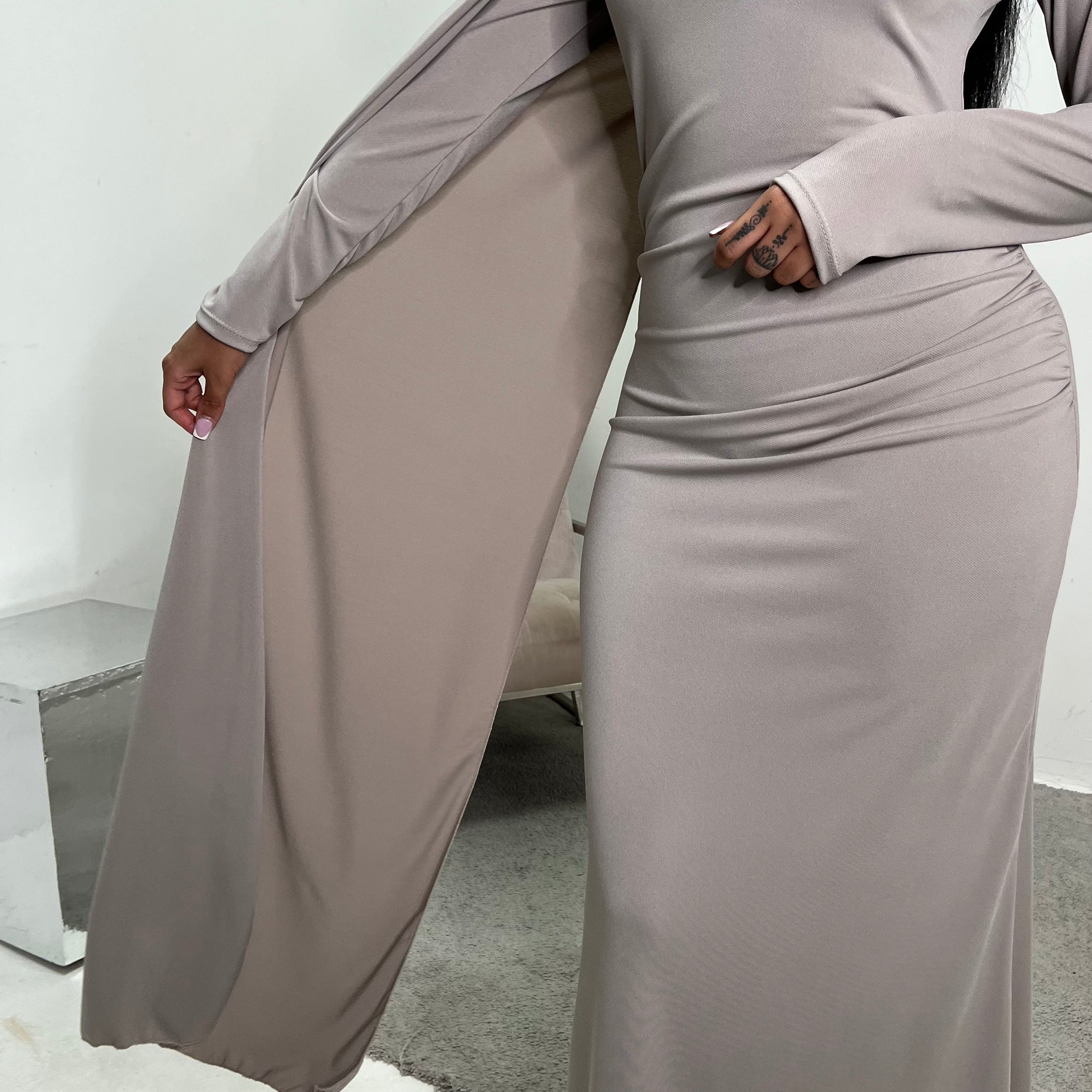 Dilay Mocha Modest Drape Detail Gold Buckle Dress