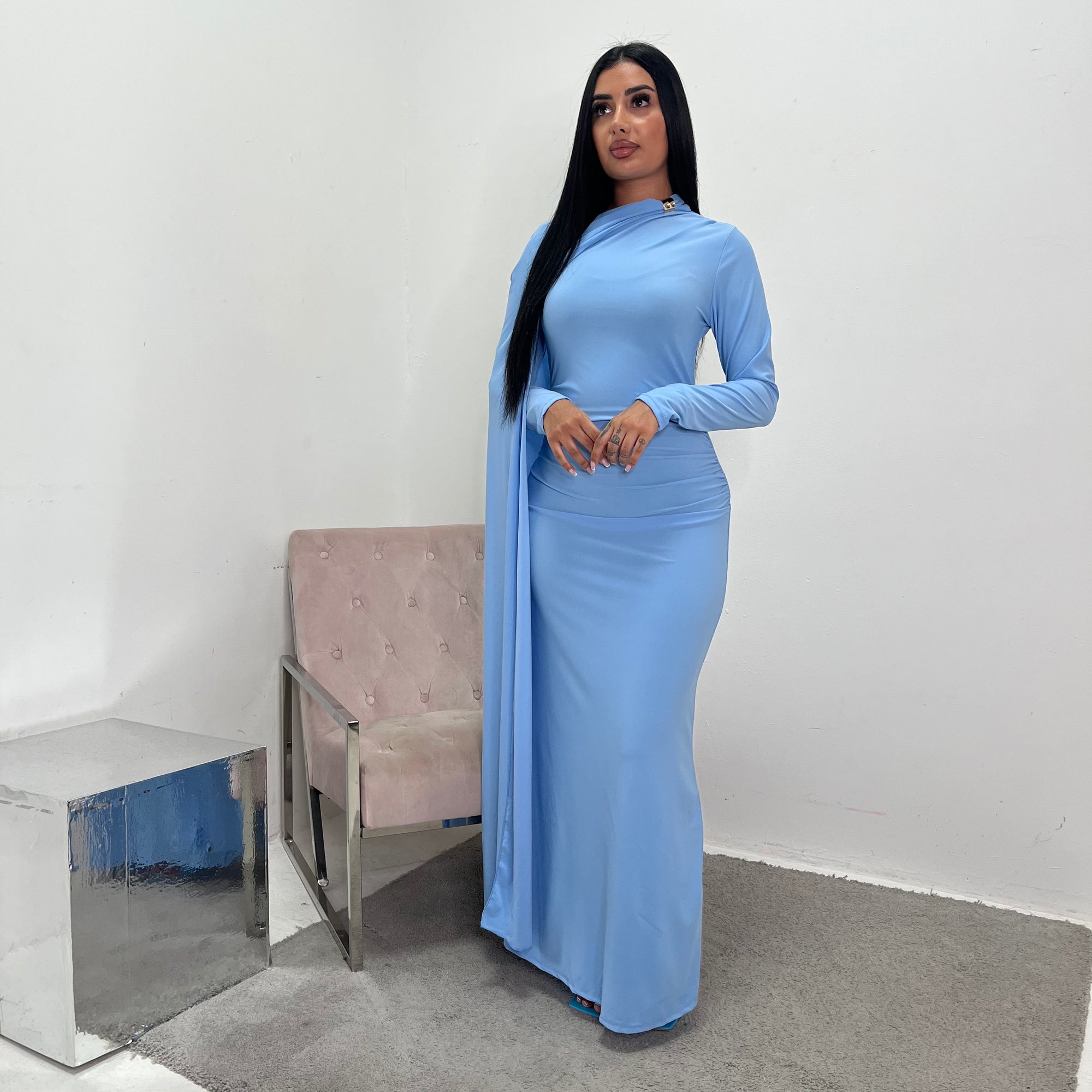 Dilay Sky Blue Modest Drape Detail Gold Buckle Dress
