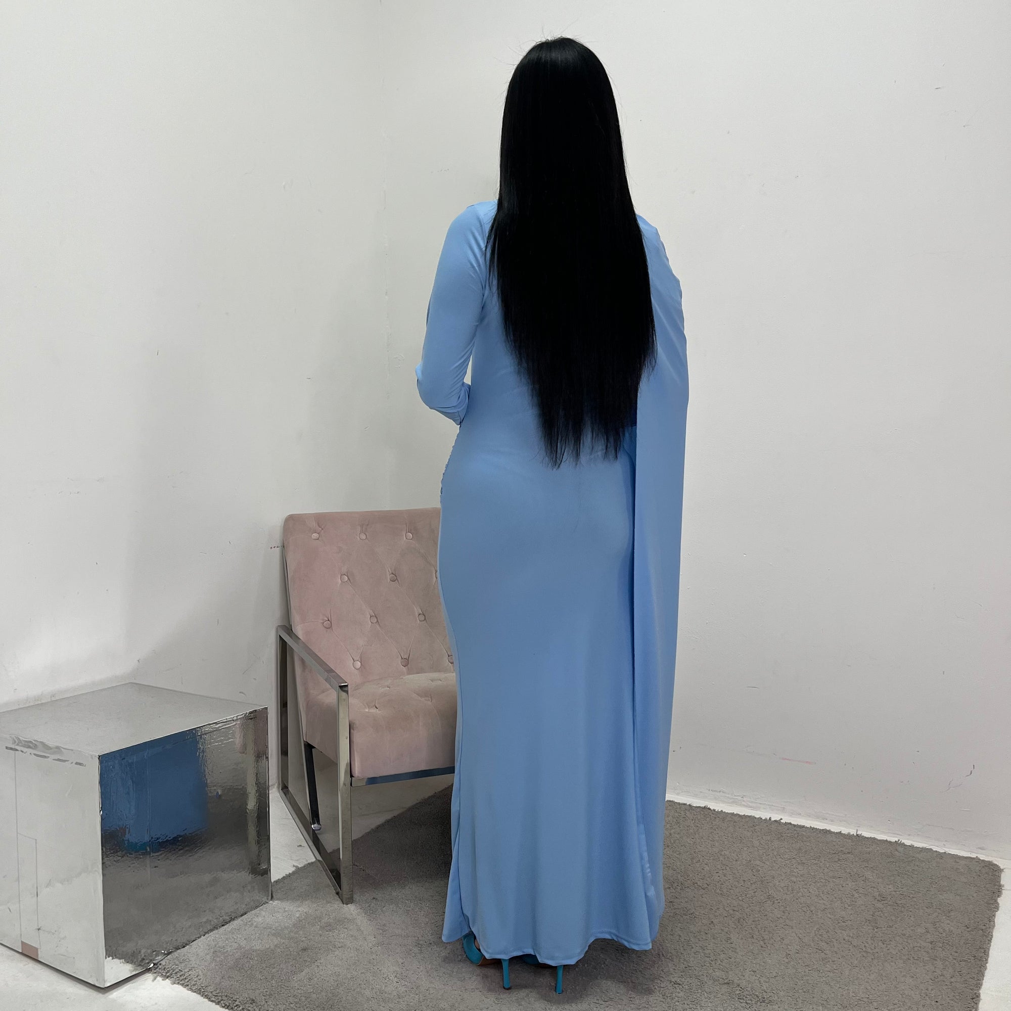 Dilay Sky Blue Modest Drape Detail Gold Buckle Dress