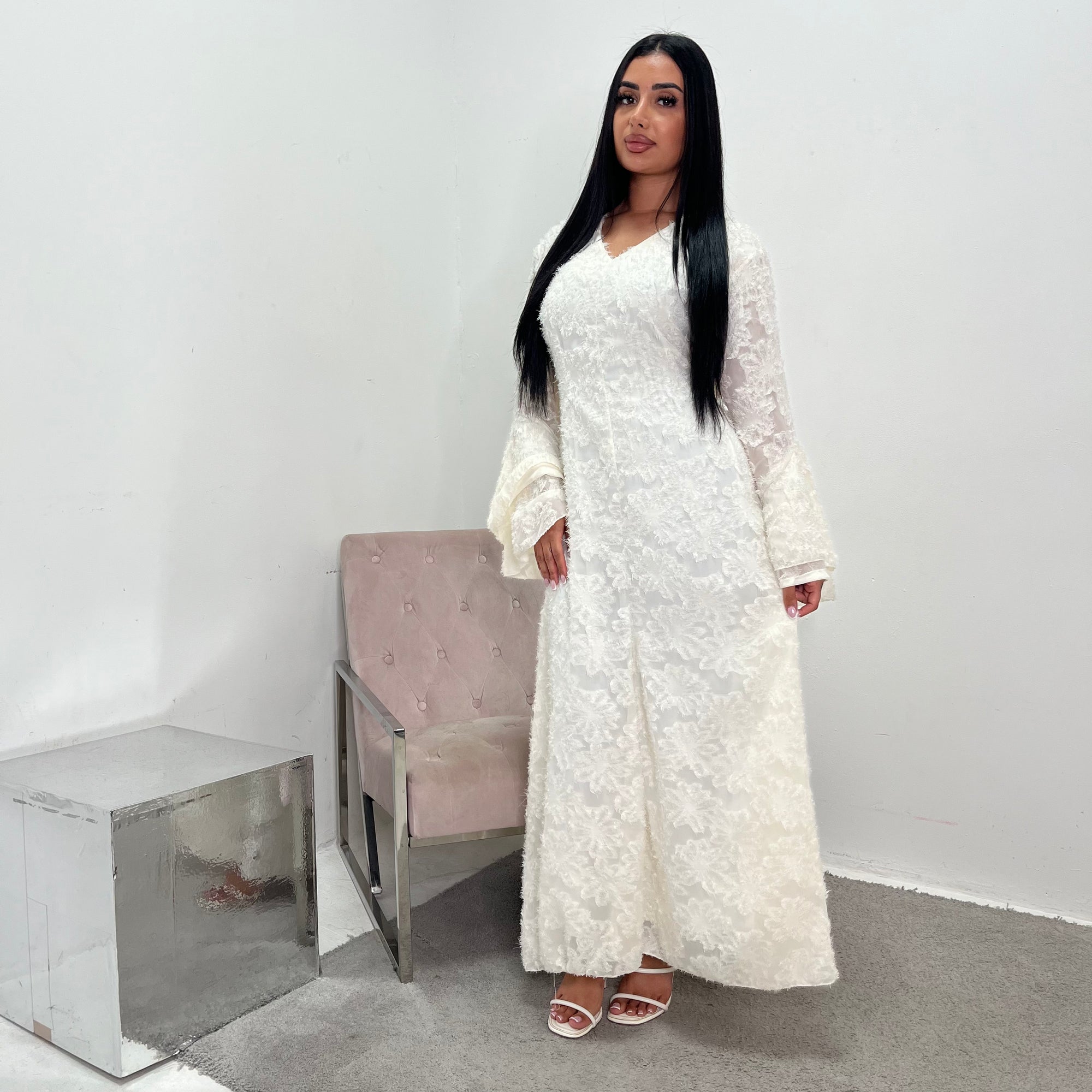 Naira Cream Modest Lined Summer V Neck Flare Sleeve Tie Back Dress