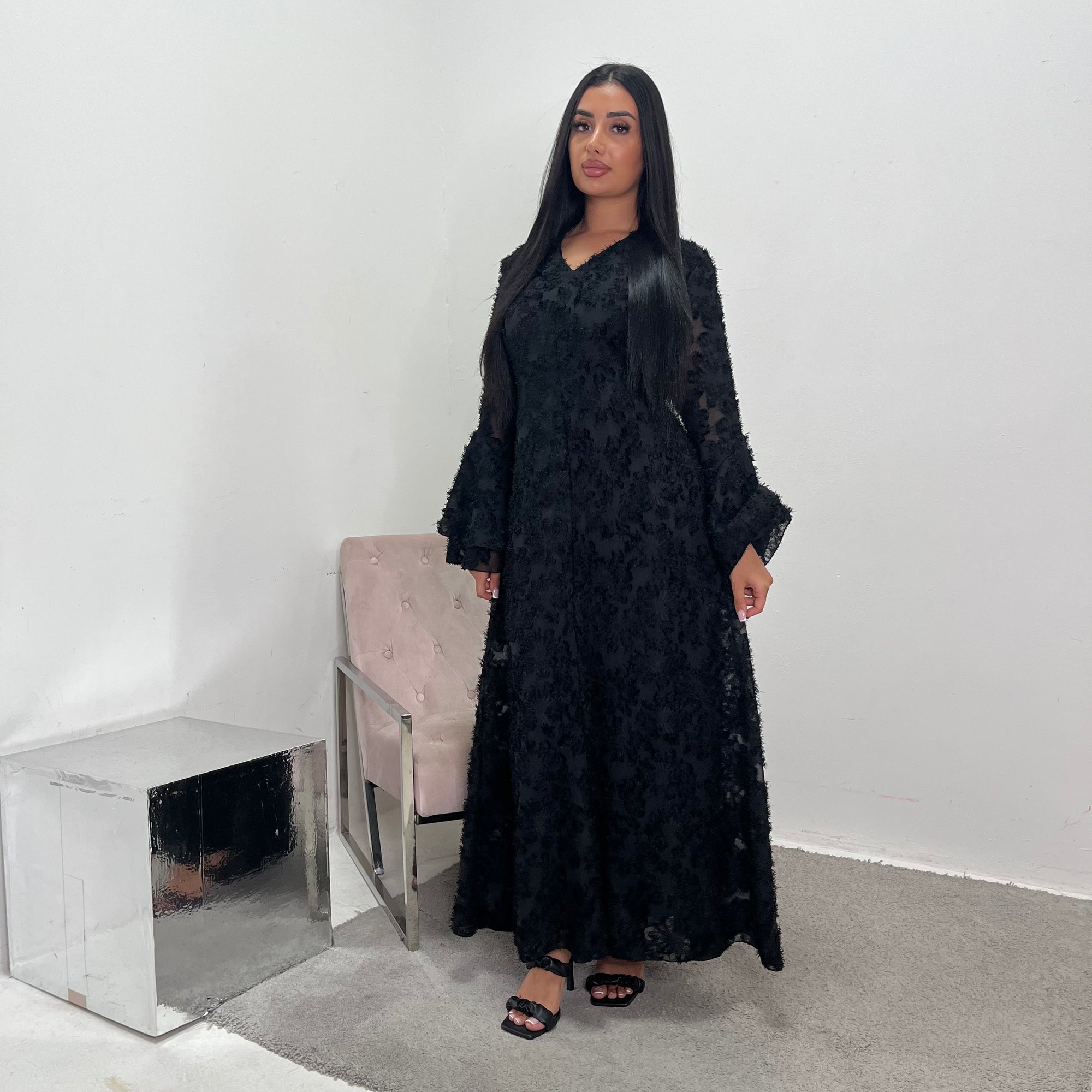 Naira Black Modest Lined Summer V Neck Flare Sleeve Tie Back Dress