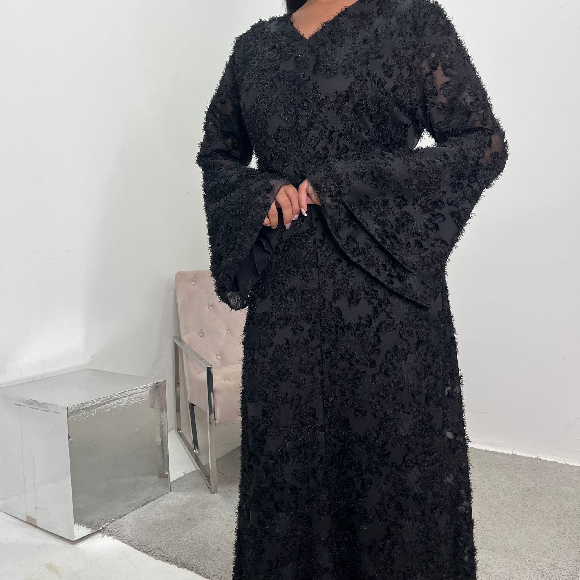 Naira Black Modest Lined Summer V Neck Flare Sleeve Tie Back Dress