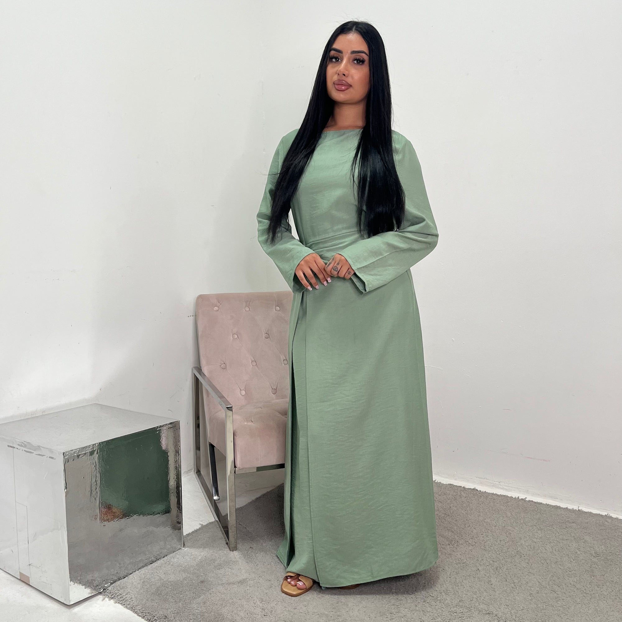 Alya Mint Summer Modest Dress with Tie Back and Gold Buckle House Of Haniya Alya Mint Summer Modest Dress with Tie Back and Gold Buckle House Of Haniya