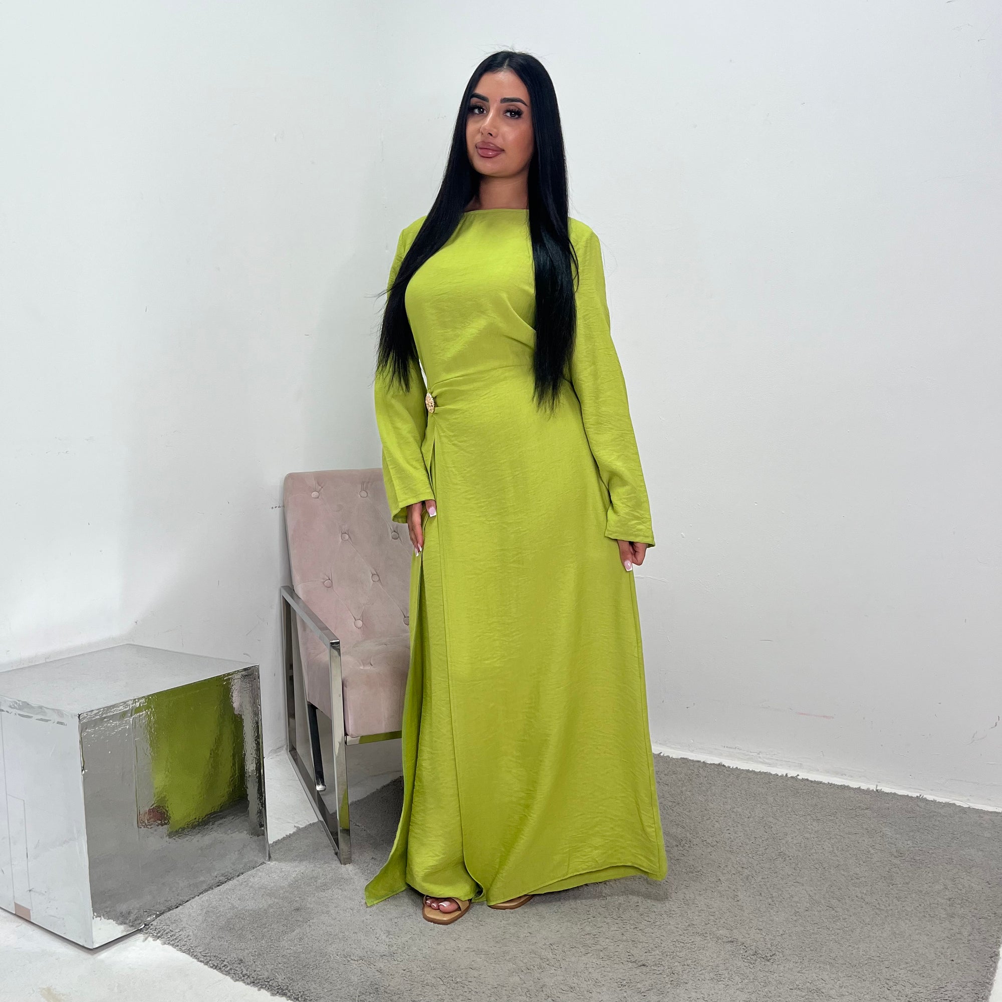 Alya Lime Green Summer Modest Dress with Tie Back and Gold Buckle – House Of Haniya
