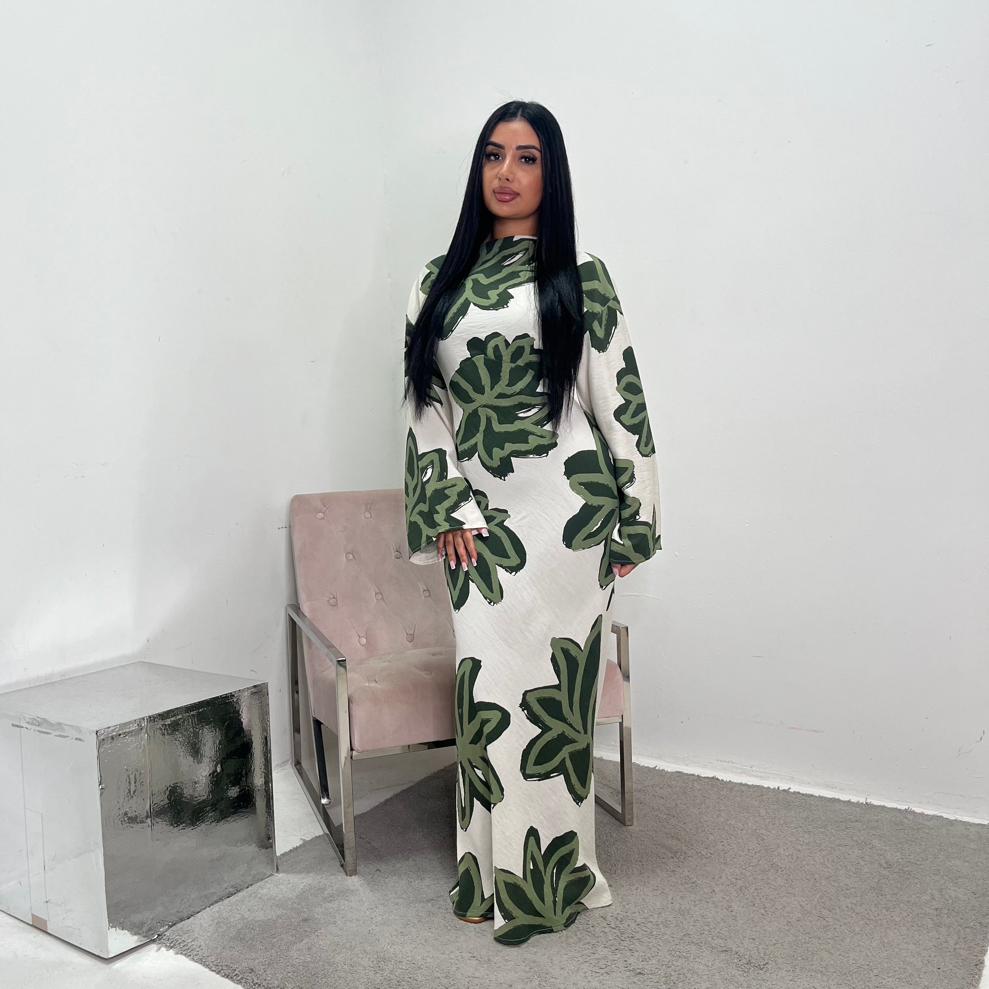 Zuri Khaki Linen Summer Floral Modest Dress House Of Haniya Zuri Khaki Linen Summer Floral Modest Dress House Of Haniya