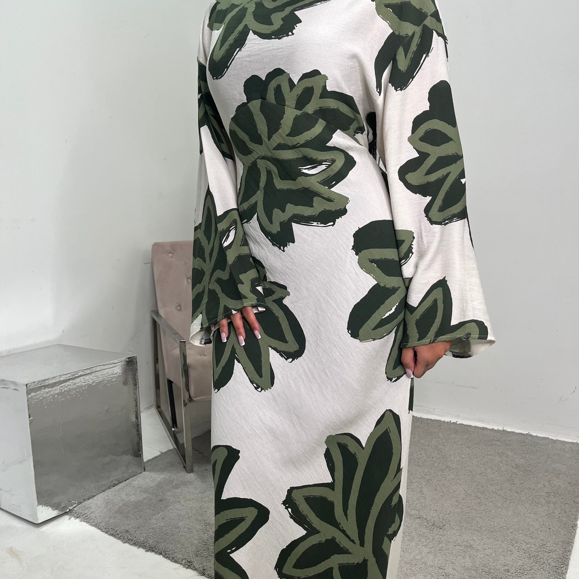 Zuri Khaki Linen Summer Floral Modest Dress House Of Haniya Zuri Khaki Linen Summer Floral Modest Dress House Of Haniya