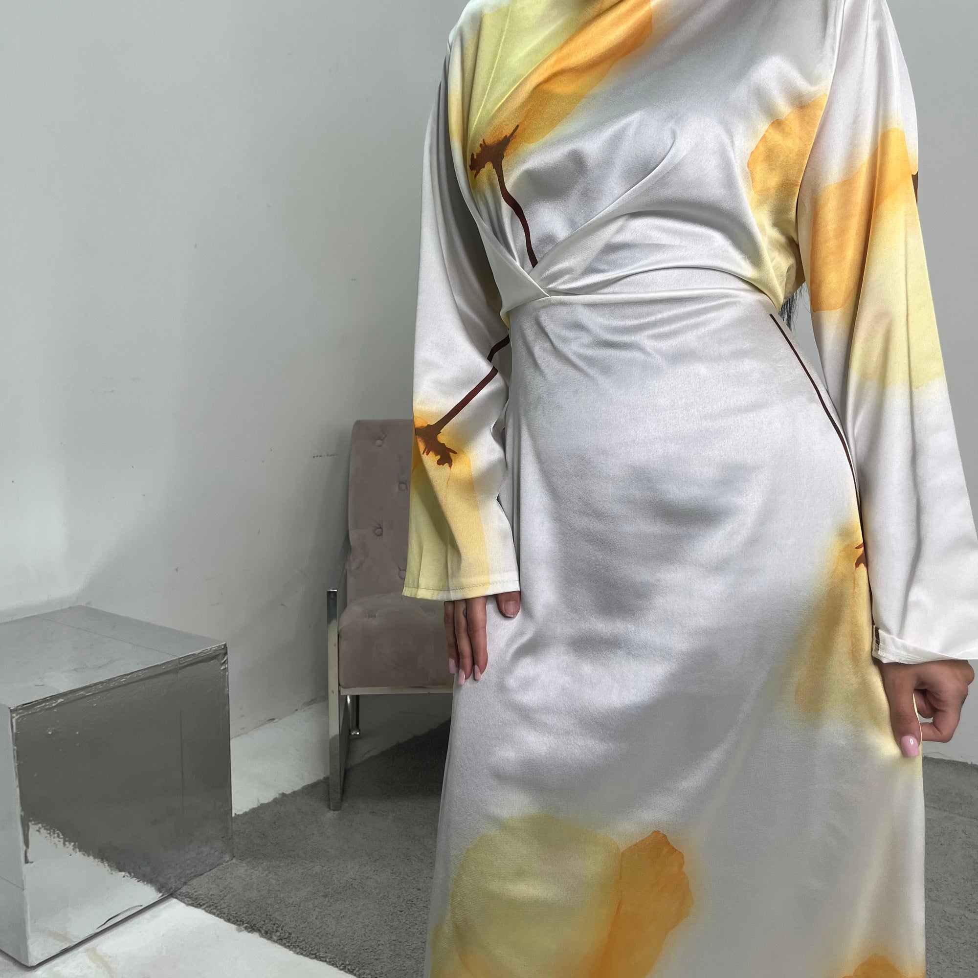 Darcy Cream Modest Flower Print Tie Back Dress