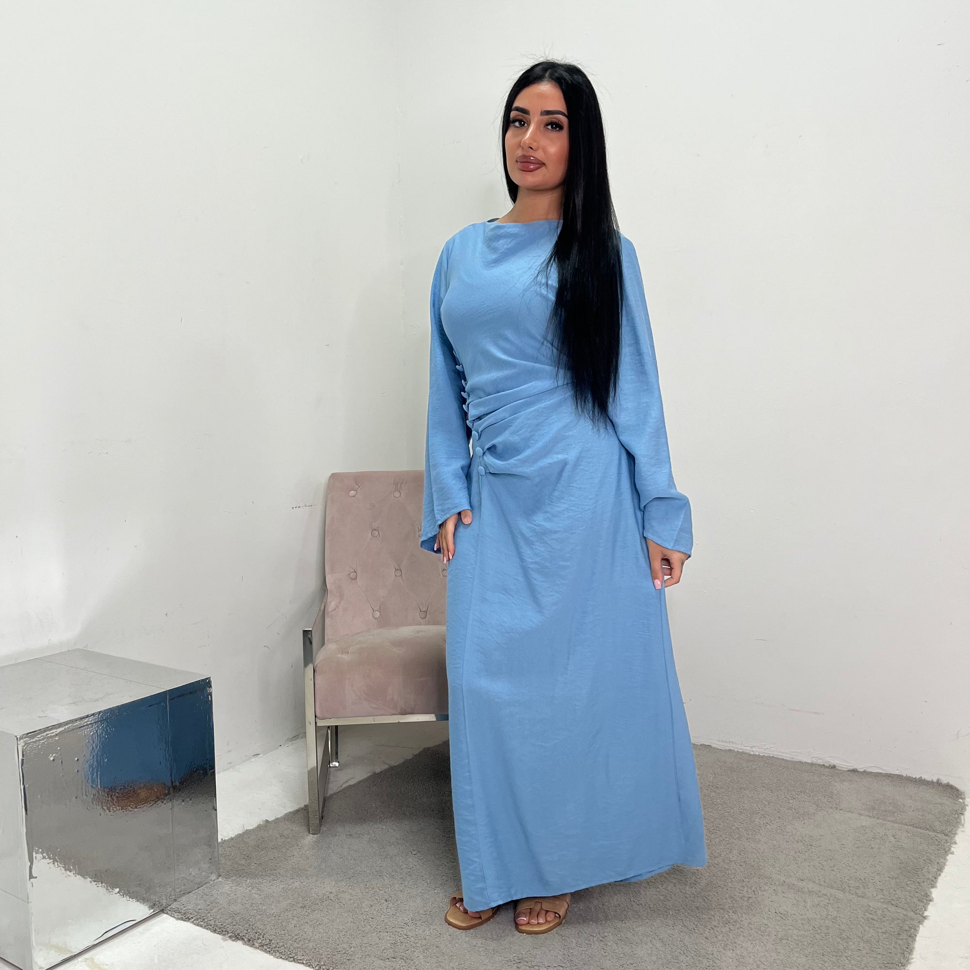 Zaneta Sky Blue Linen Side Button Detail Modest Dress House Of Haniya Zaneta Sky Blue Linen Side Button Detail Modest Dress House Of Haniya