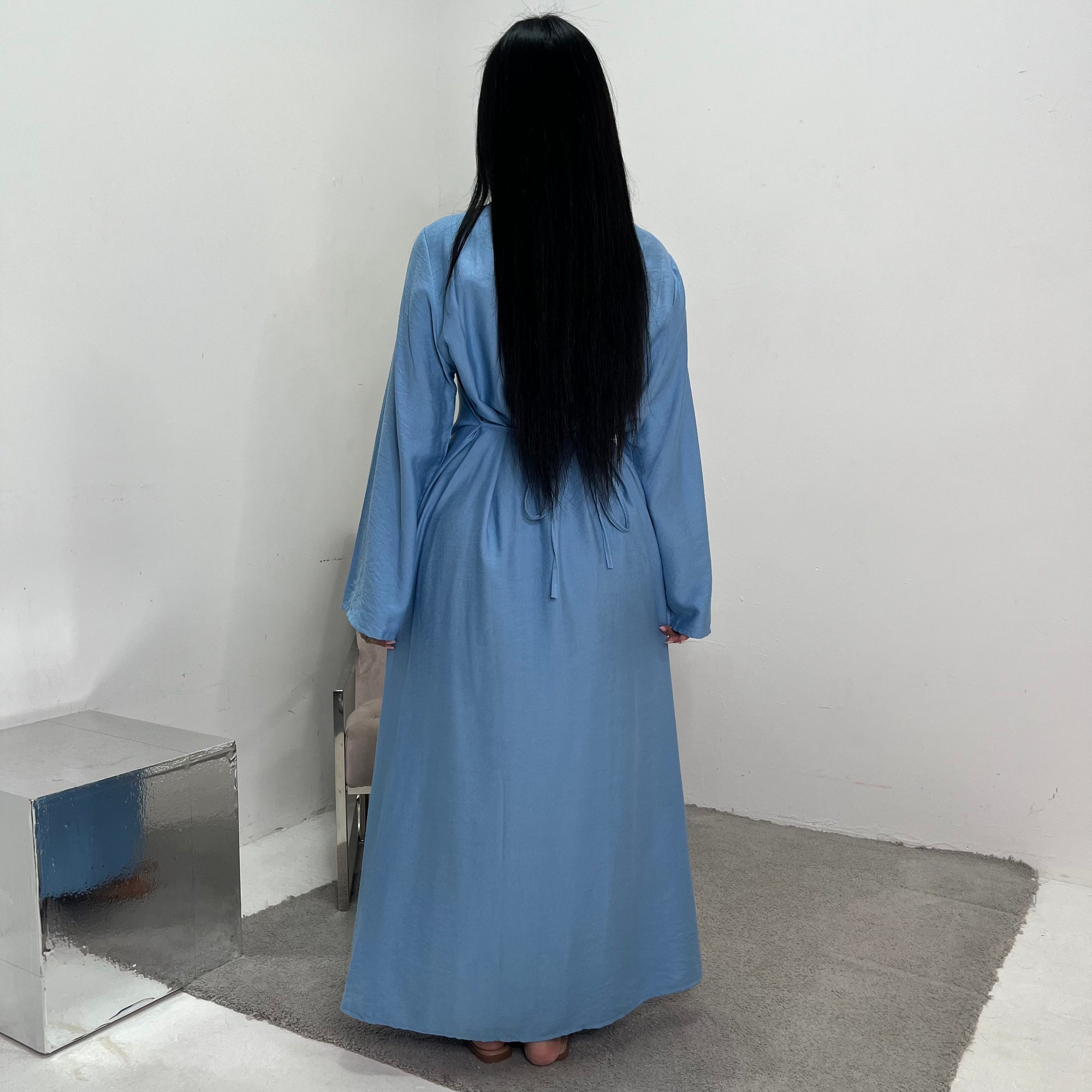 Zaneta Sky Blue Linen Side Button Detail Modest Dress House Of Haniya Zaneta Sky Blue Linen Side Button Detail Modest Dress House Of Haniya