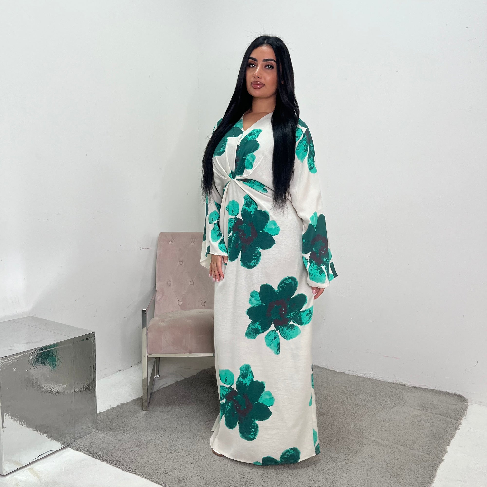 Reika Emerald Green Linen Floral Front Knot Modest Dress House Of Haniya Reika Emerald Green Linen Floral Front Knot Modest Dress House Of Haniya