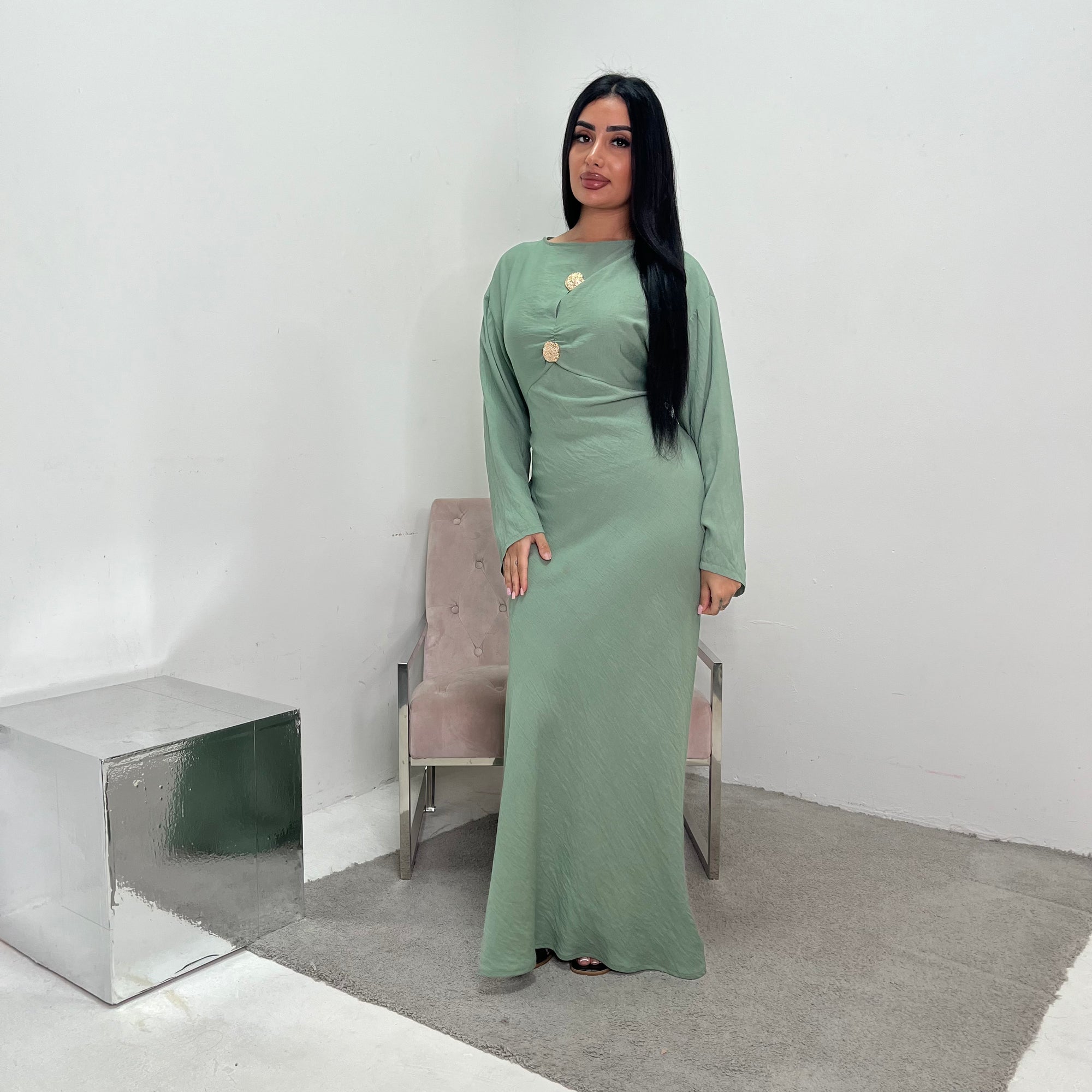 Atia Sage Green Linen Gold Buckle Tie Back Modest Dress