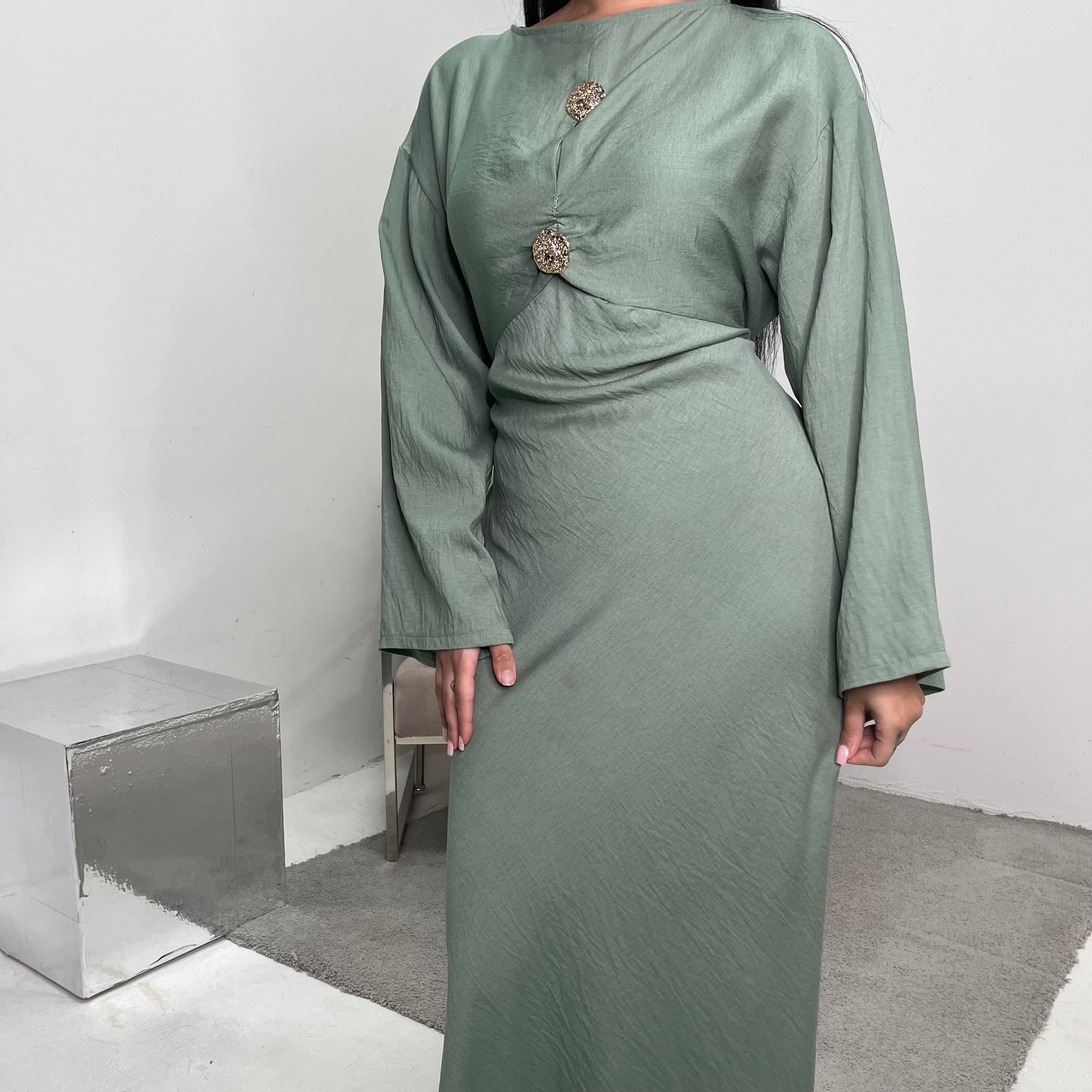 Atia Sage Green Linen Gold Buckle Tie Back Modest Dress