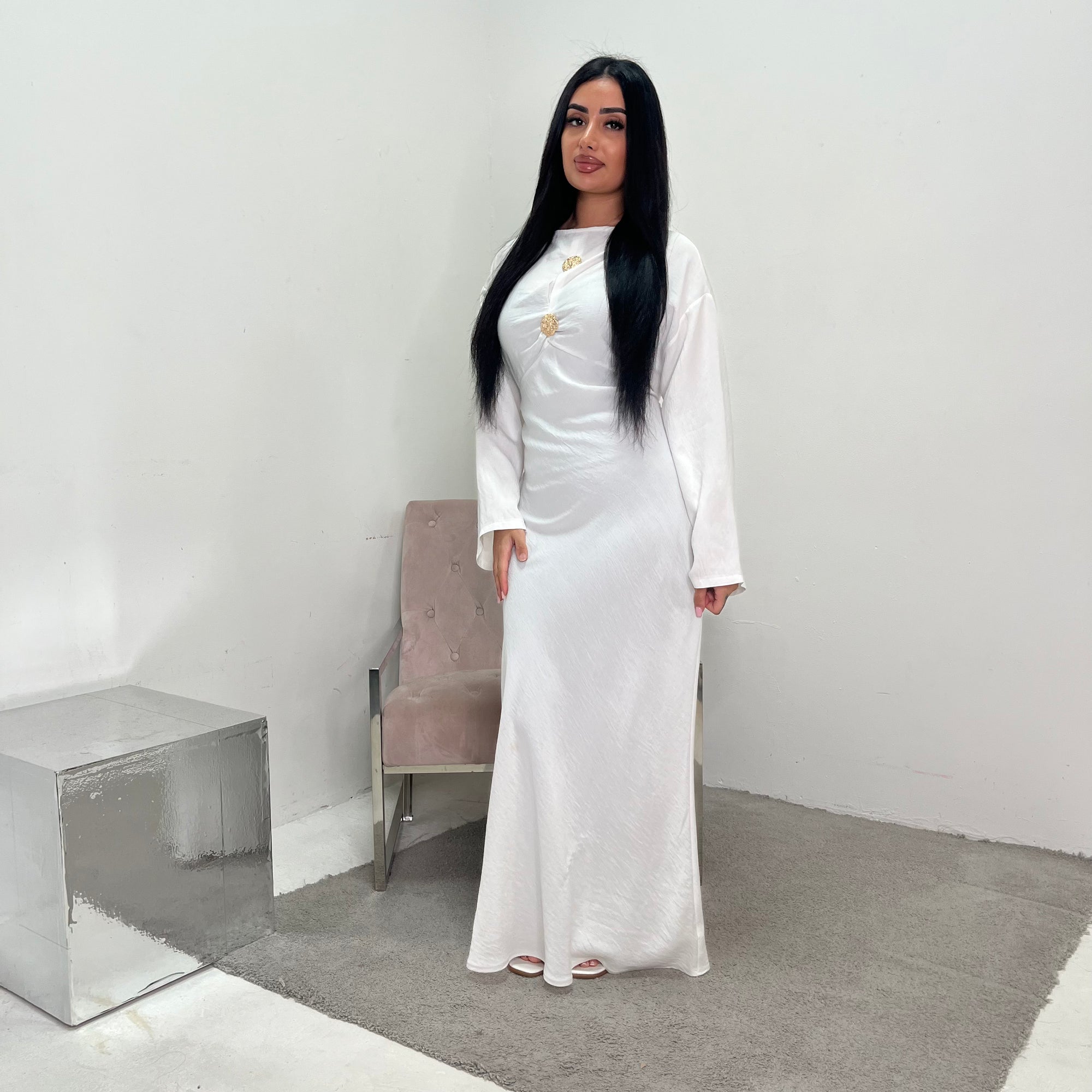 Atia White Linen Gold Buckle Tie Back Modest Dress House Of Haniya Atia White Linen Gold Buckle Tie Back Modest Dress House Of Haniya