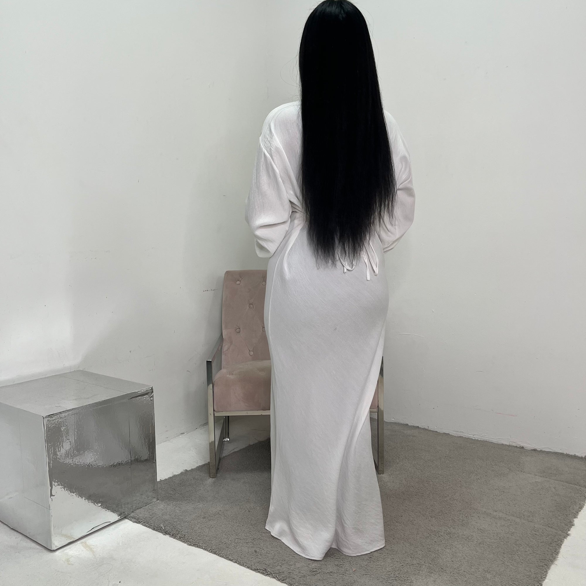 white linen dress modest Atia White Linen Gold Buckle Tie Back Modest Dress House Of Haniya