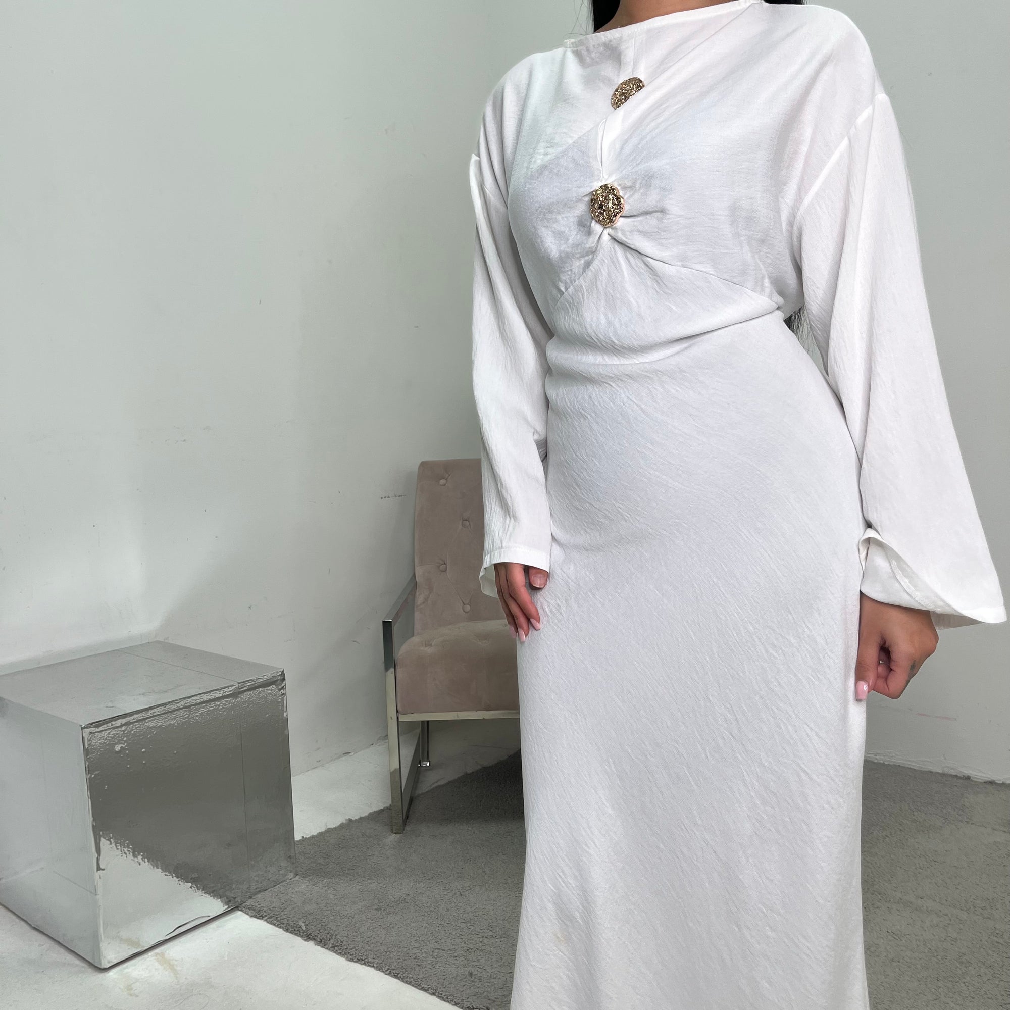 Atia White Linen Gold Buckle Tie Back Modest Dress House Of Haniya Atia White Linen Gold Buckle Tie Back Modest Dress House Of Haniya