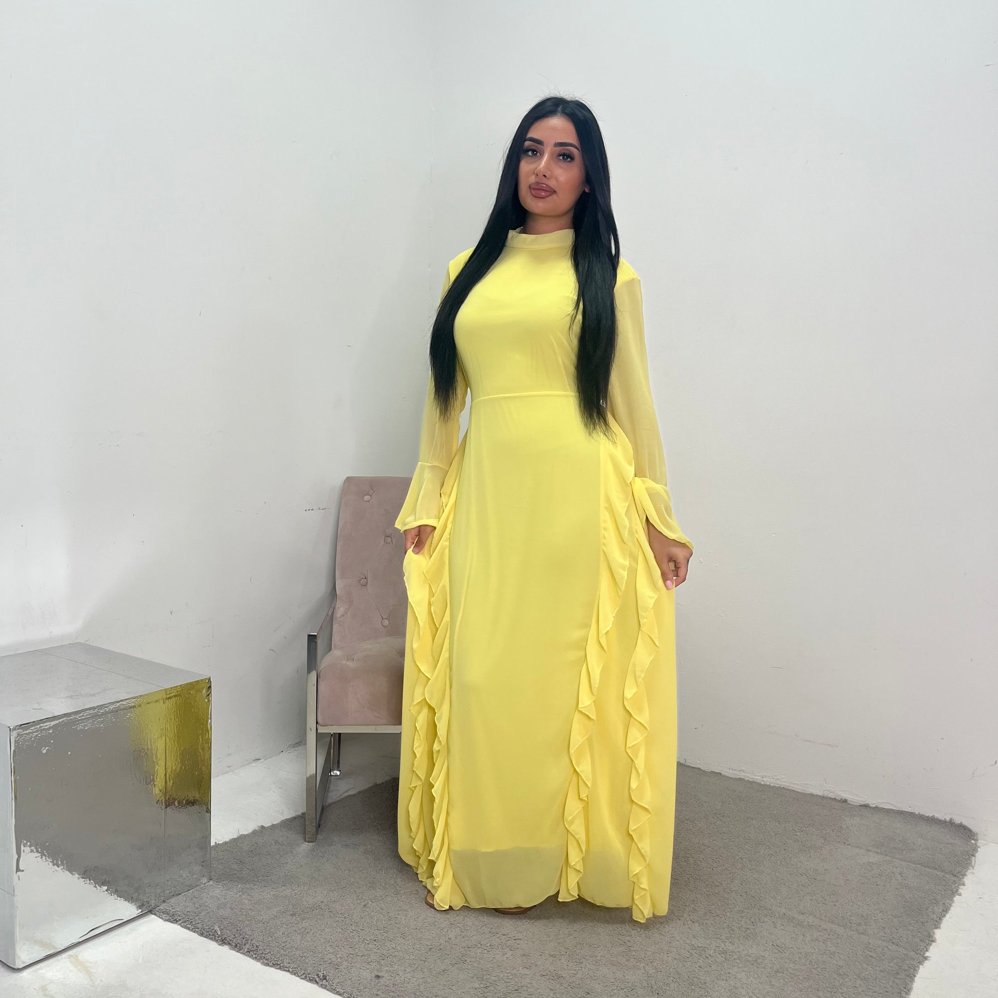 Eiman Yellow Summer Tie Back Long Sleeve Mesh With Lining Modest Dress House Of Haniya Eiman Yellow Summer Tie Back Long Sleeve Mesh With Lining Modest Dress House Of Haniya