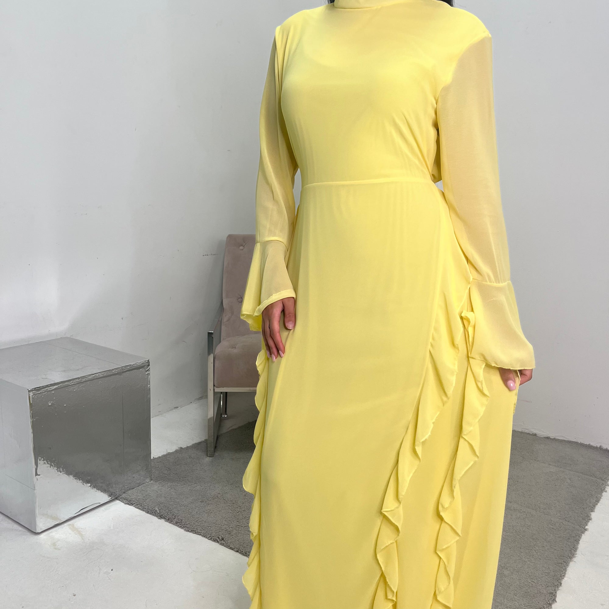 Eiman Yellow Summer Tie Back Long Sleeve Mesh With Lining Modest Dress House Of Haniya Eiman Yellow Summer Tie Back Long Sleeve Mesh With Lining Modest Dress House Of Haniya