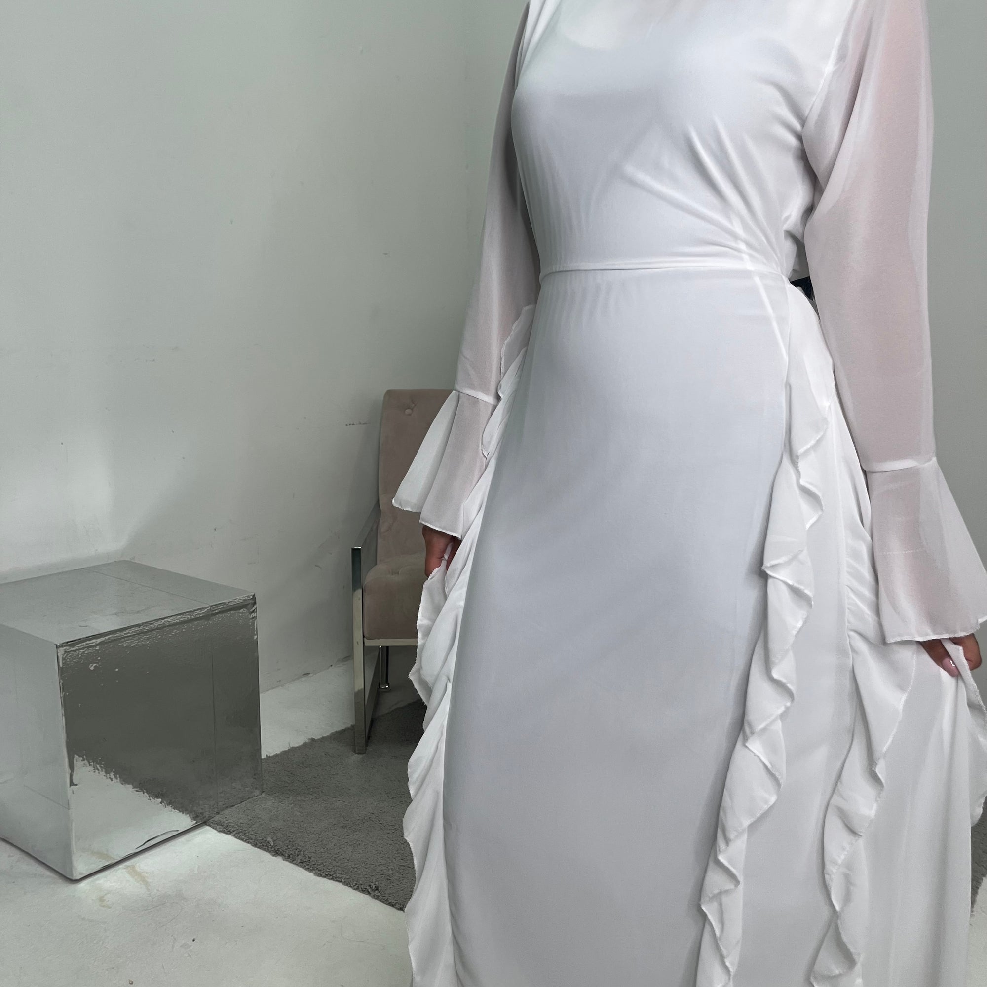 modest long sleeve summer dress Eiman White Summer Tie Back Long Sleeve Mesh With Lining Modest Dress House Of Haniya
