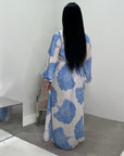 Kaleen Sky Blue Floral Tie Back Modest Dress with Elasticated Cuff Sleeves