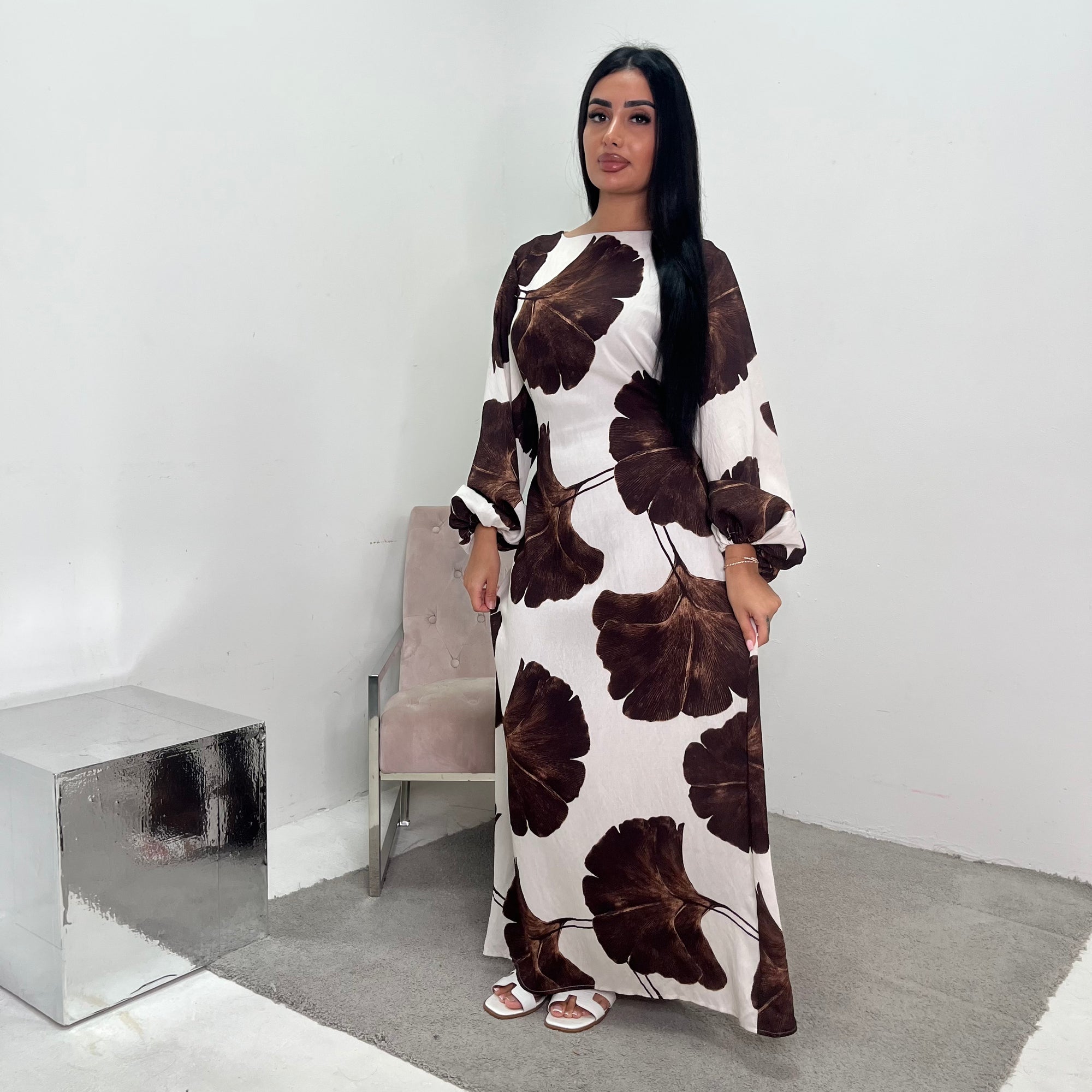 Kaleen Brown Floral Tie Back Modest Dress with Elasticated Cuff Sleeves