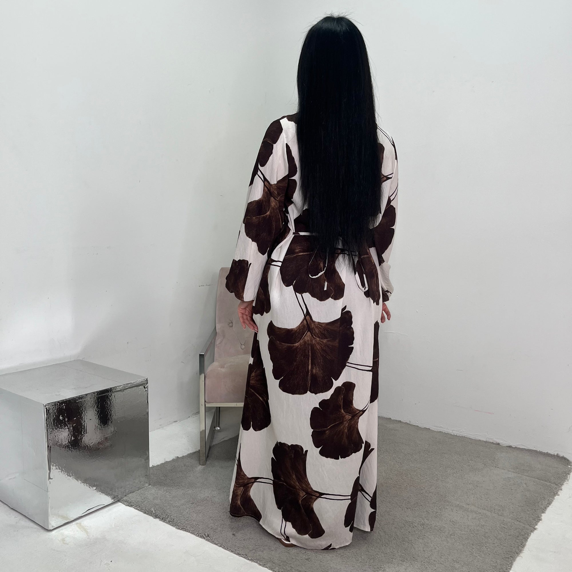 Kaleen Brown Floral Tie Back Modest Dress with Elasticated Cuff Sleeves