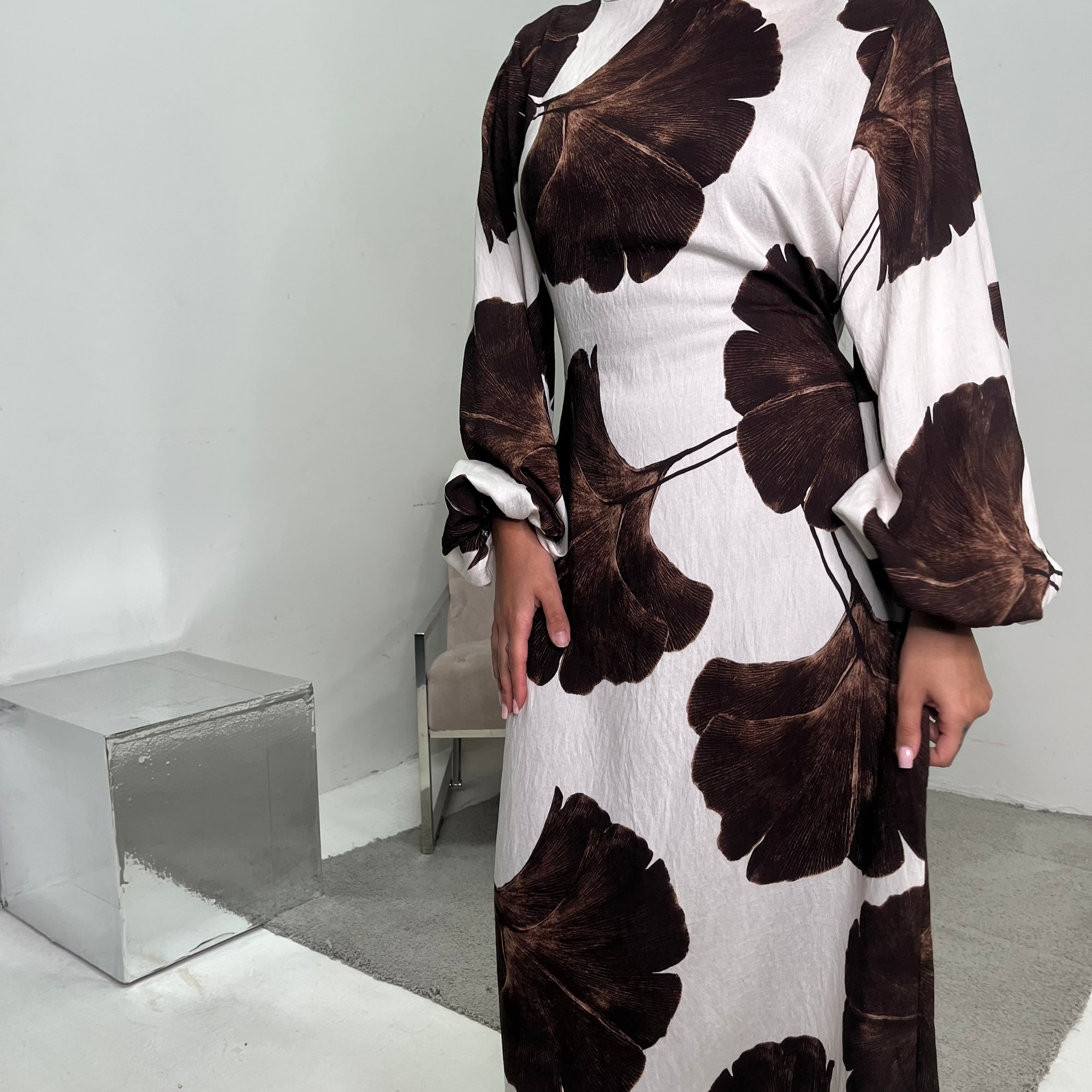 Kaleen Brown Floral Tie Back Modest Dress with Elasticated Cuff Sleeves