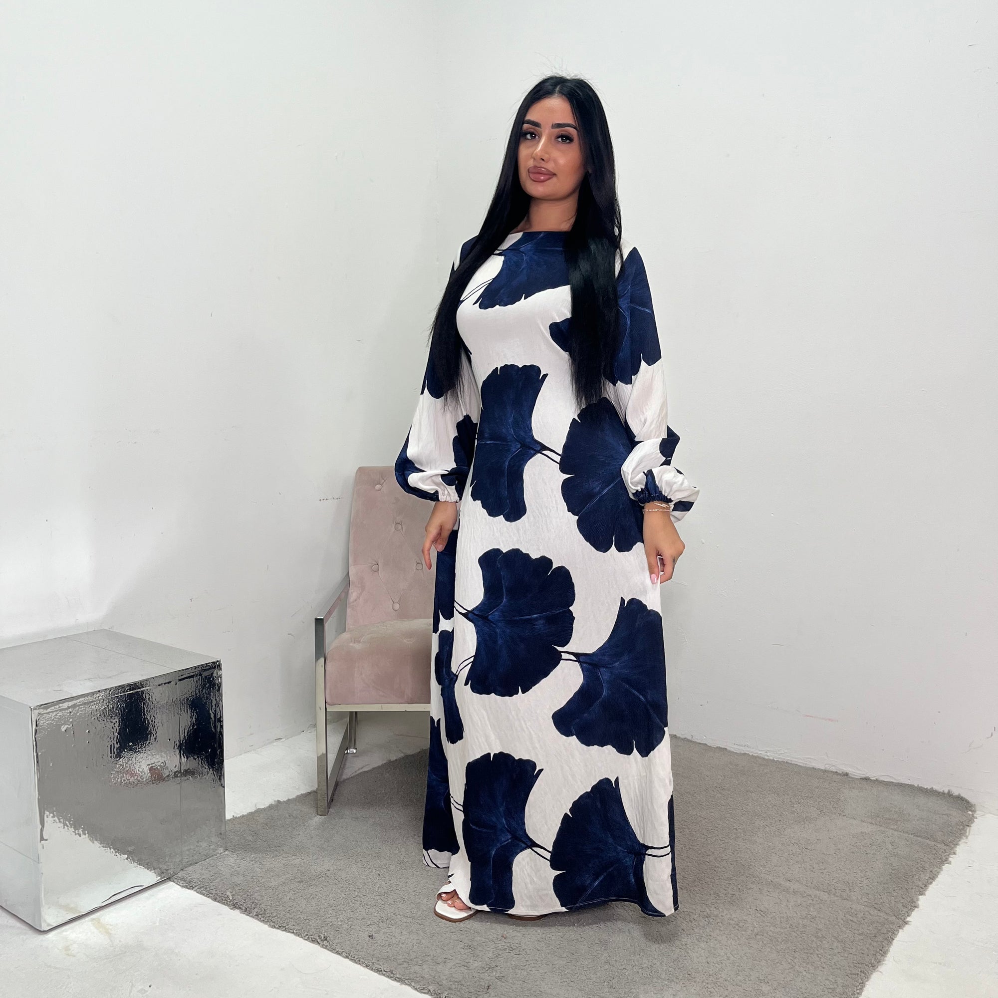 Kaleen Navy Floral Tie Back Modest Dress with Elasticated Cuff Sleeves