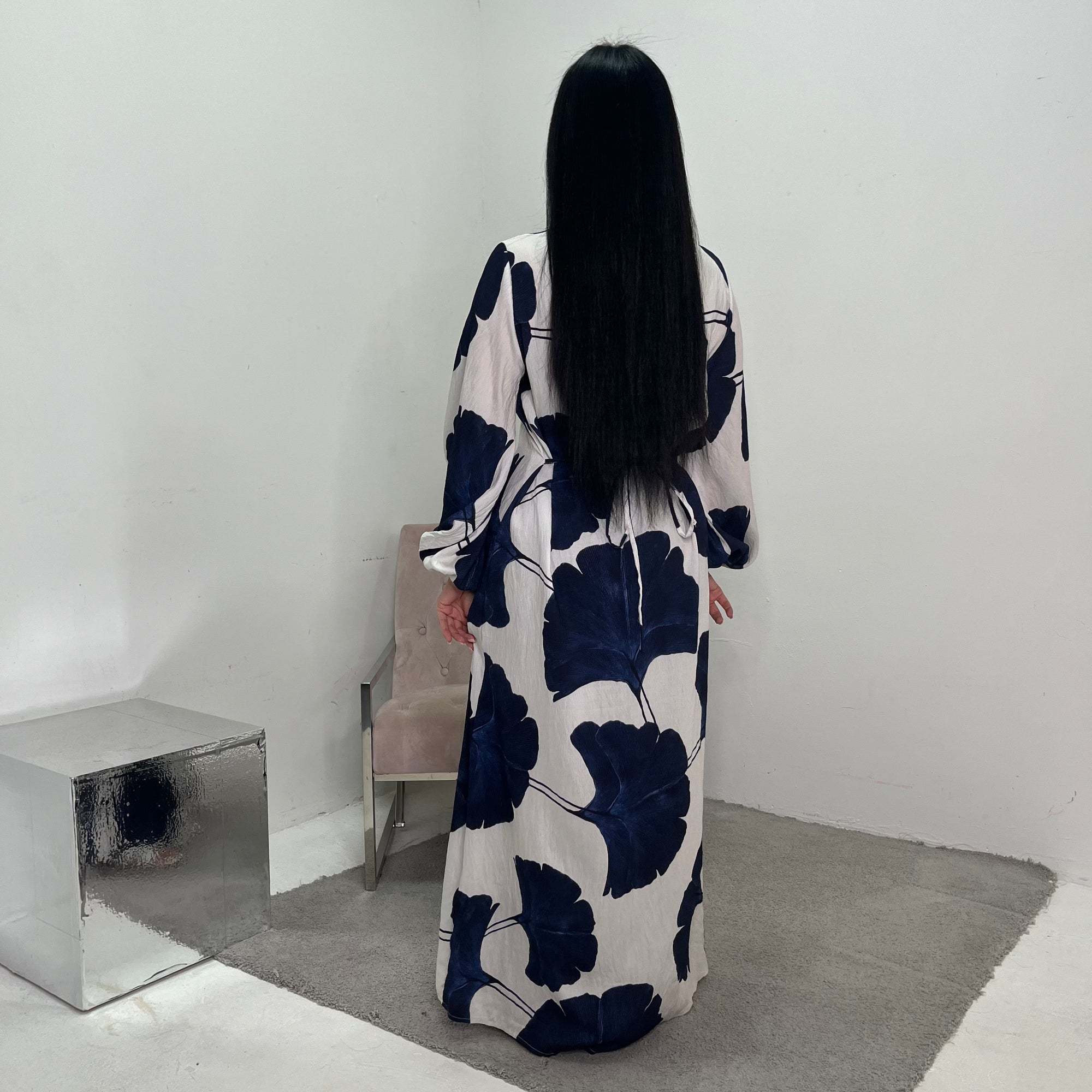 Kaleen Navy Floral Tie Back Modest Dress with Elasticated Cuff Sleeves