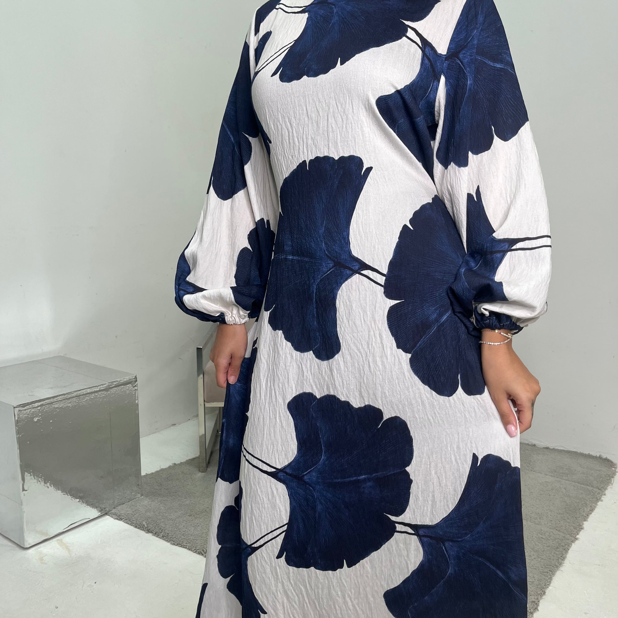 Kaleen Navy Floral Tie Back Modest Dress with Elasticated Cuff Sleeves